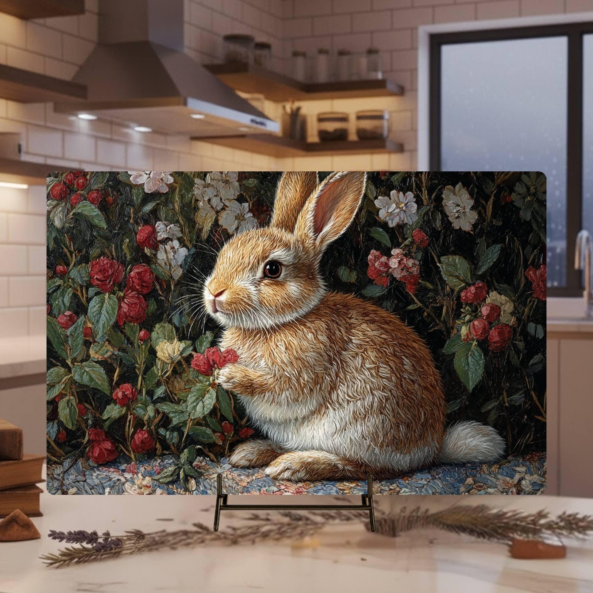 Garden Bunny Glass Cutting Board, Nature-Inspired Rabbit Kitchen Decor, Floral Botanical Cottage Gift