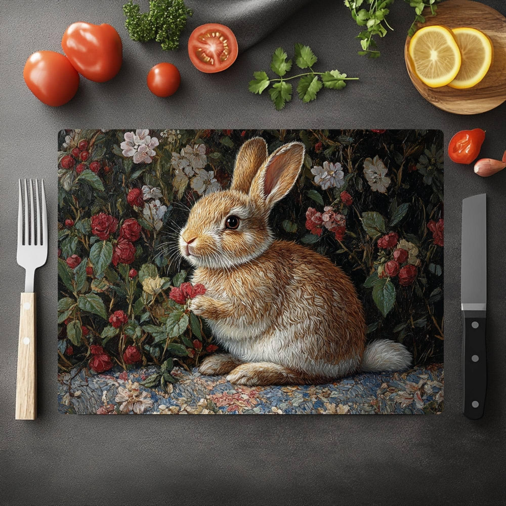 Garden Bunny Glass Cutting Board, Nature-Inspired Rabbit Kitchen Decor, Floral Botanical Cottage Gift