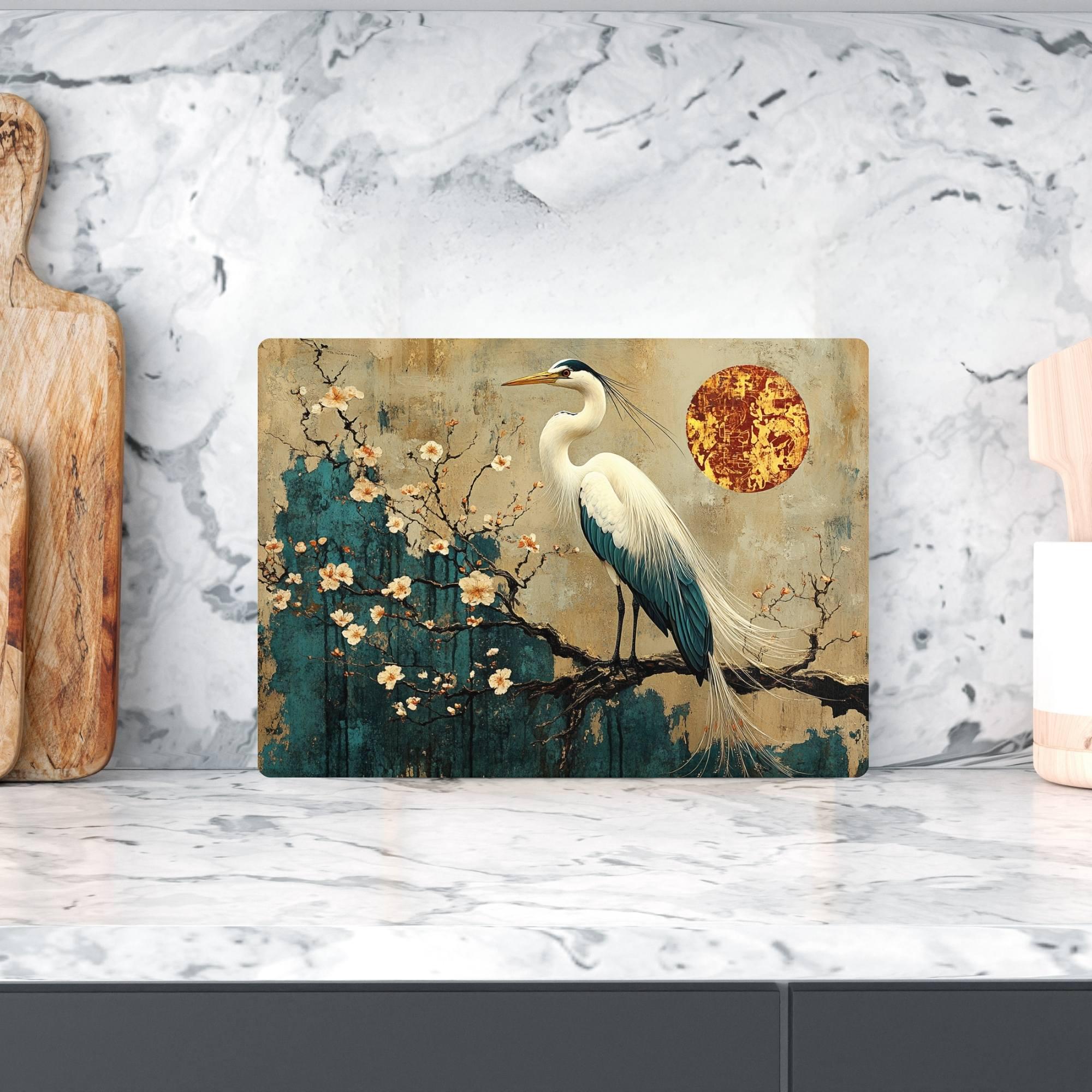 White Heron and Blossoms Glass Cutting Board, Japanese-Inspired Kitchen Decor, Tranquil Nature Art Gift