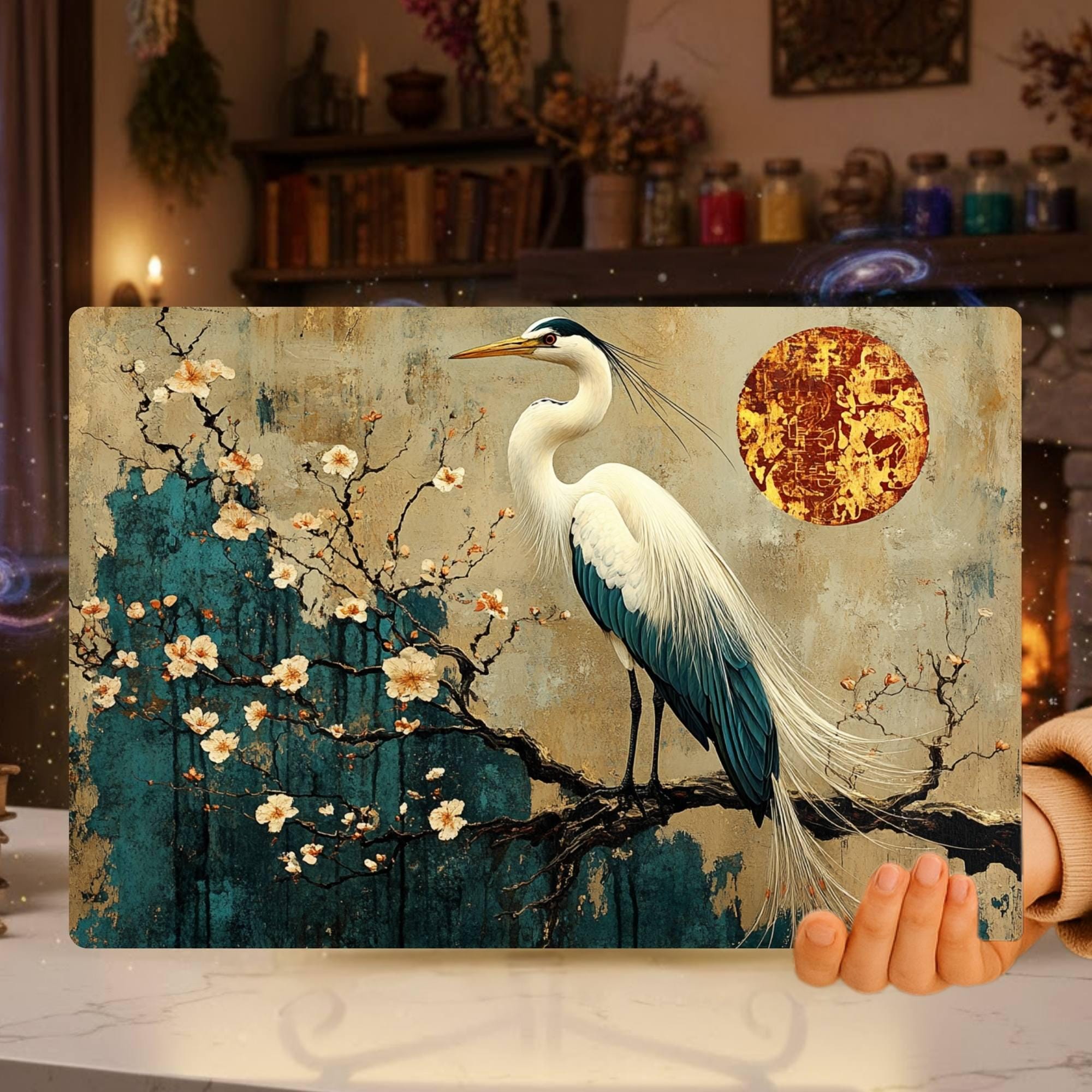 White Heron and Blossoms Glass Cutting Board, Japanese-Inspired Kitchen Decor, Tranquil Nature Art Gift