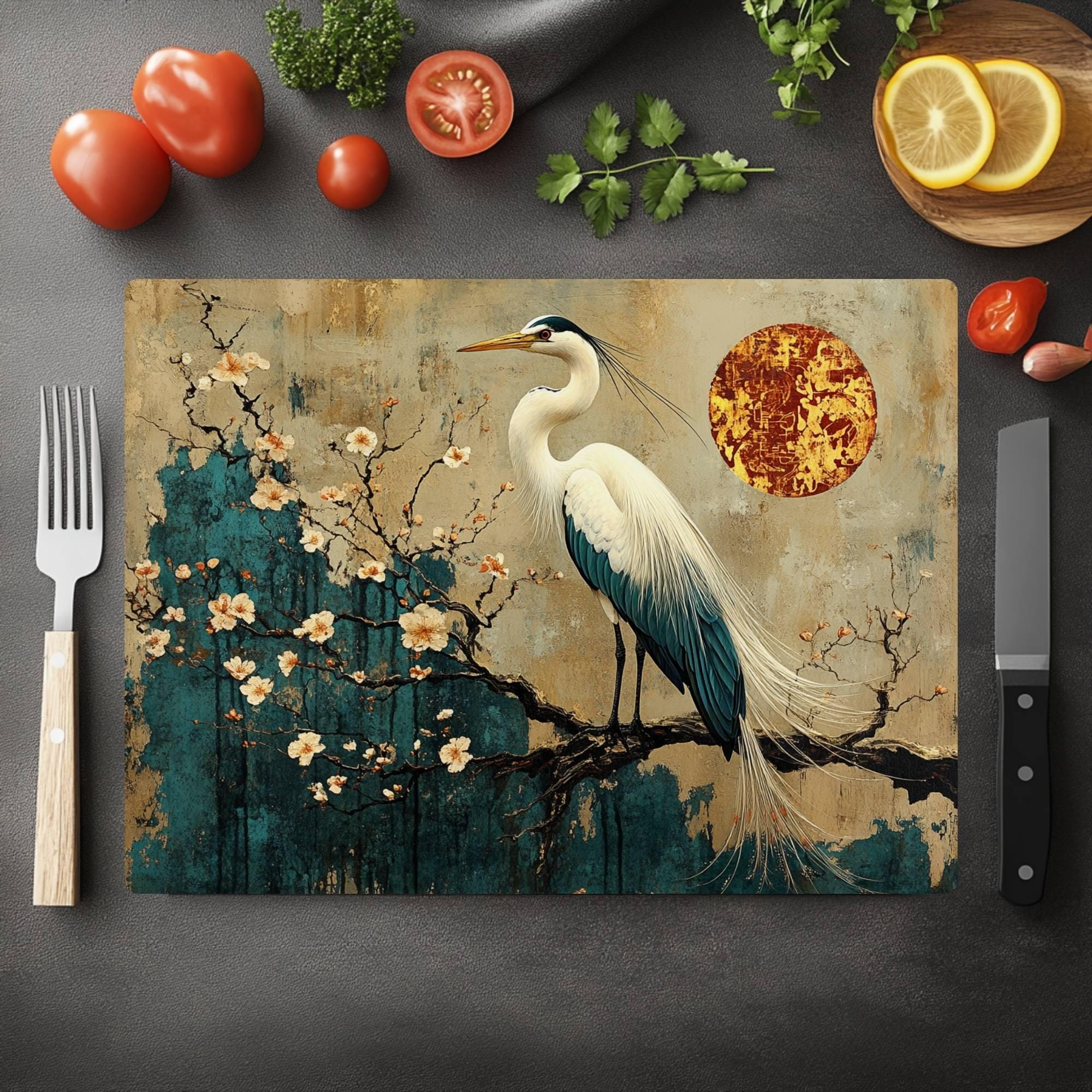 White Heron and Blossoms Glass Cutting Board, Japanese-Inspired Kitchen Decor, Tranquil Nature Art Gift