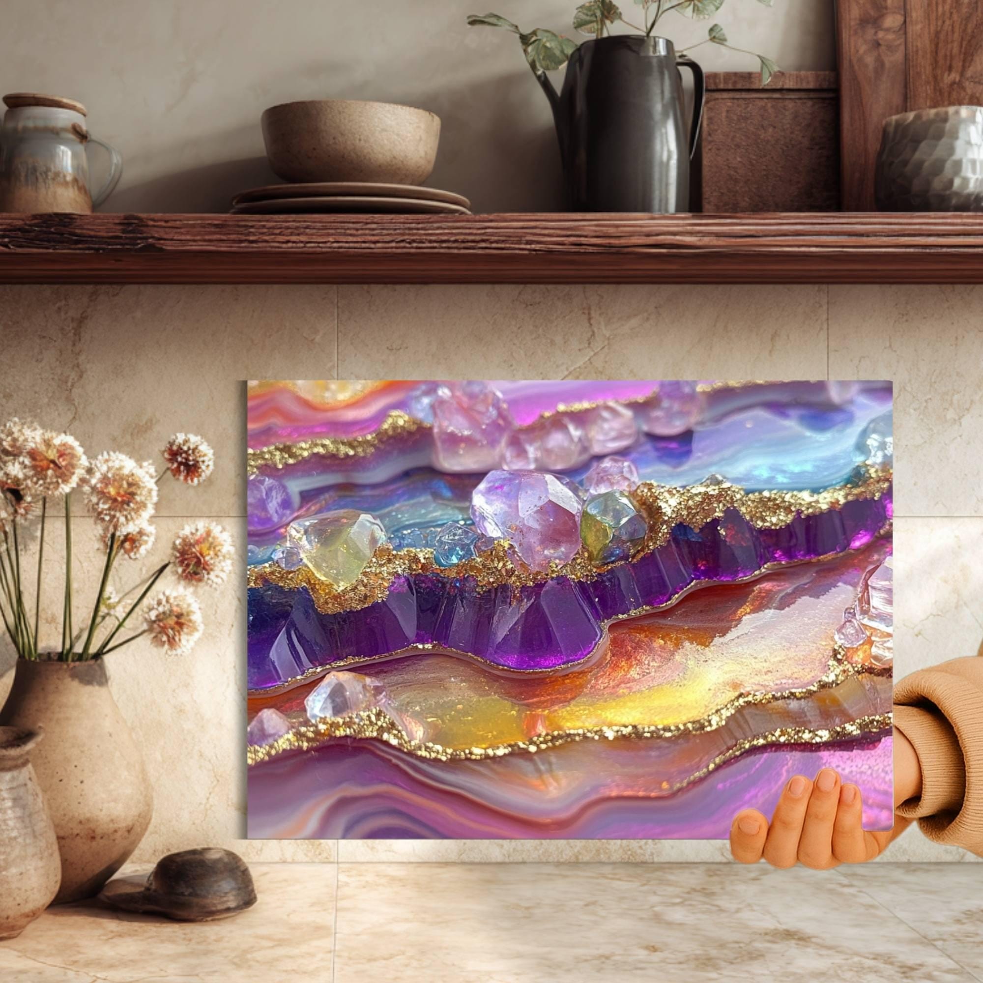 Nature Crystal Geode Glass Cutting Board, Colorful Gemstone Kitchen Counter Art, Sparkling Abstract Art Gift, Glass Serving Tray
