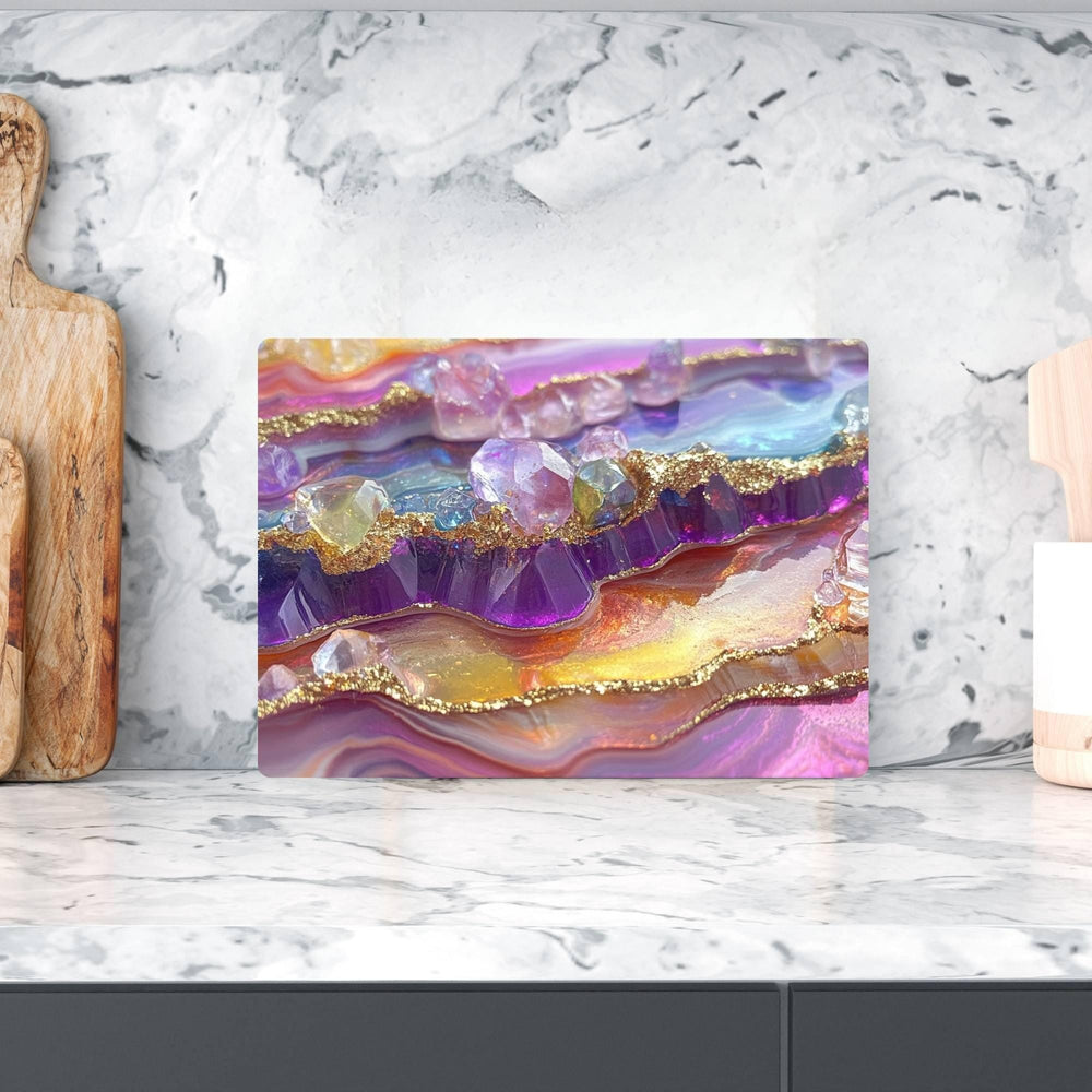 Nature Crystal Geode Glass Cutting Board, Colorful Gemstone Kitchen Counter Art, Sparkling Abstract Art Gift, Glass Serving Tray