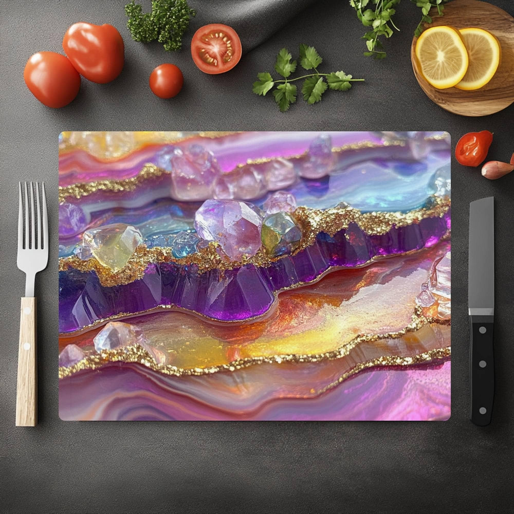 Nature Crystal Geode Glass Cutting Board, Colorful Gemstone Kitchen Counter Art, Sparkling Abstract Art Gift, Glass Serving Tray