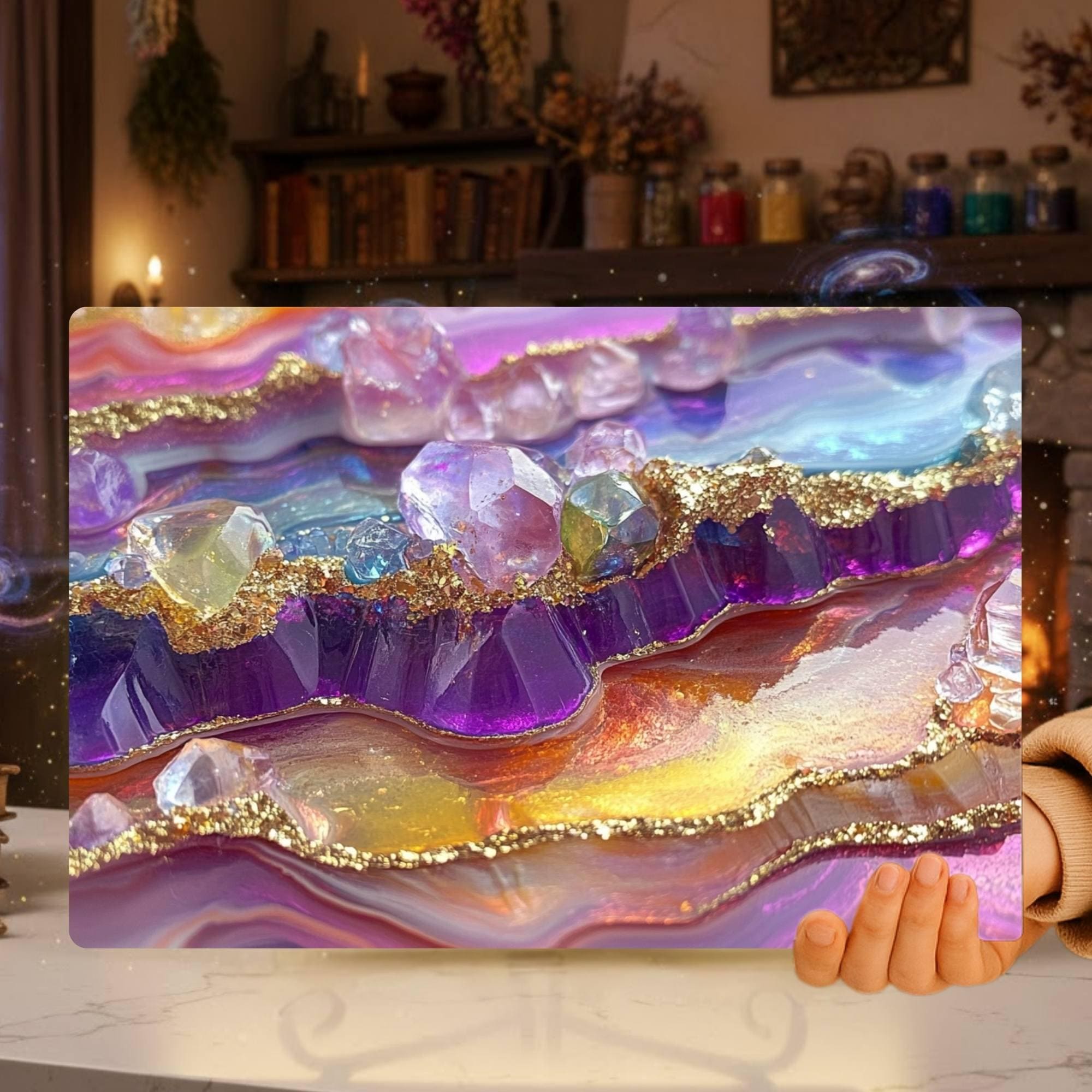Nature Crystal Geode Glass Cutting Board, Colorful Gemstone Kitchen Counter Art, Sparkling Abstract Art Gift, Glass Serving Tray