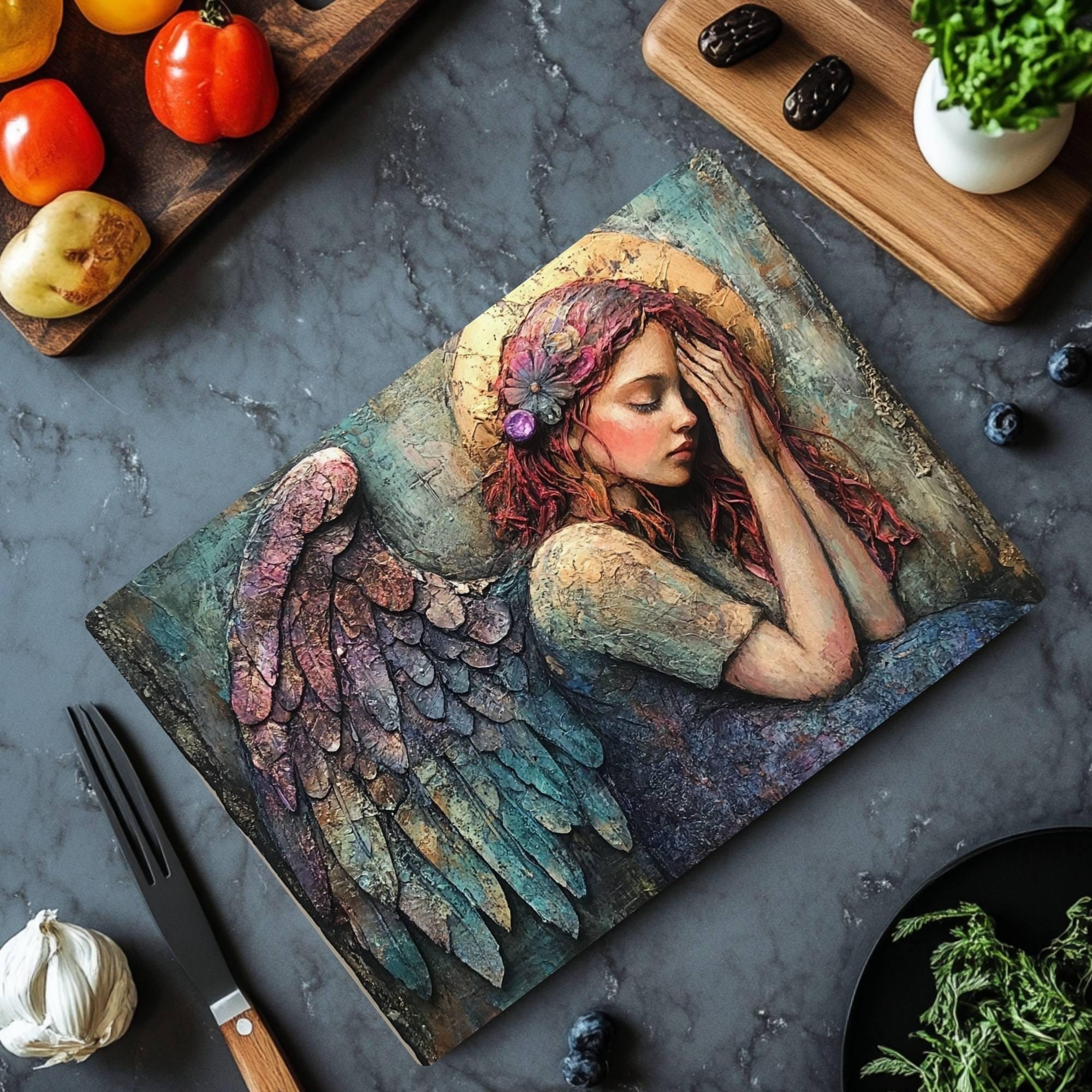 Guardian Angel Glass Cutting Board, Ethereal Winged Woman Kitchen Decor, Spiritual Art Gift