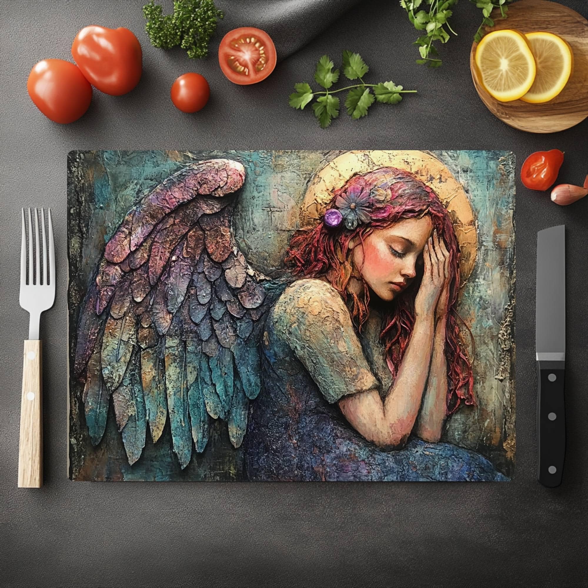 Guardian Angel Glass Cutting Board, Ethereal Winged Woman Kitchen Decor, Spiritual Art Gift