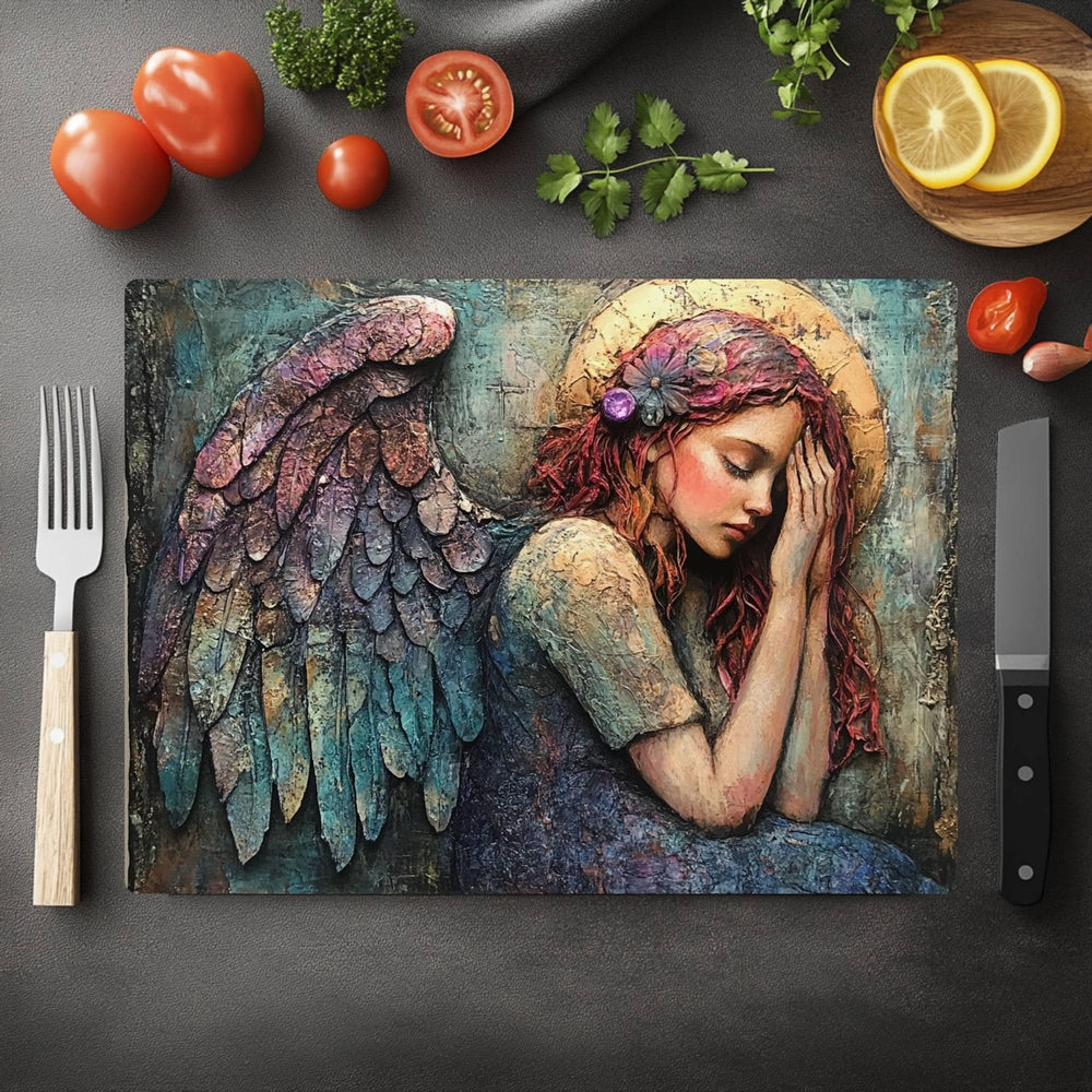 Guardian Angel Glass Cutting Board, Ethereal Winged Woman Kitchen Decor, Spiritual Art Gift