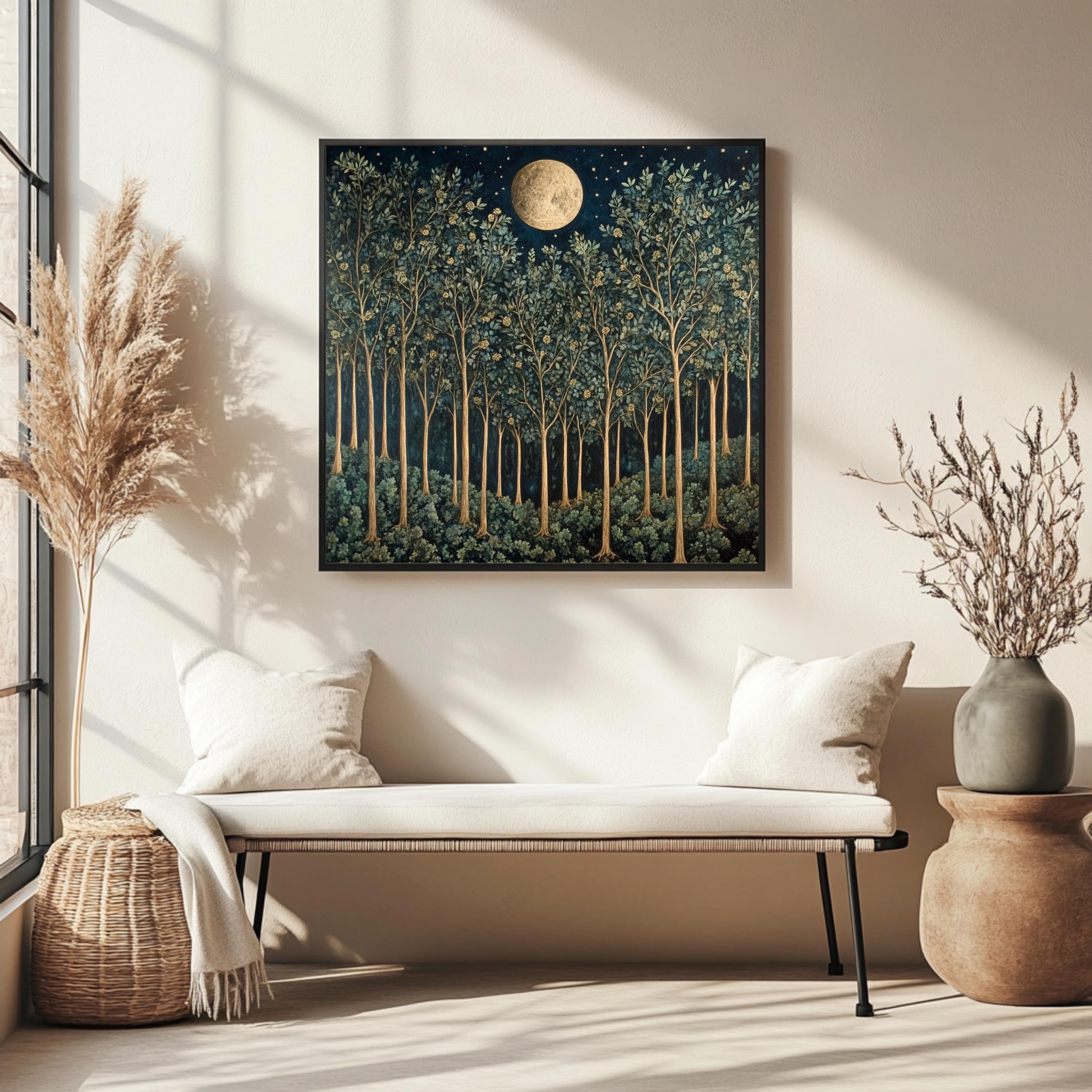 William Morris Vintage Forest Wall Art, Nature-Inspired Art, Woodland Wall Art, Full Moon Wall Art, Moon over Forest Painting