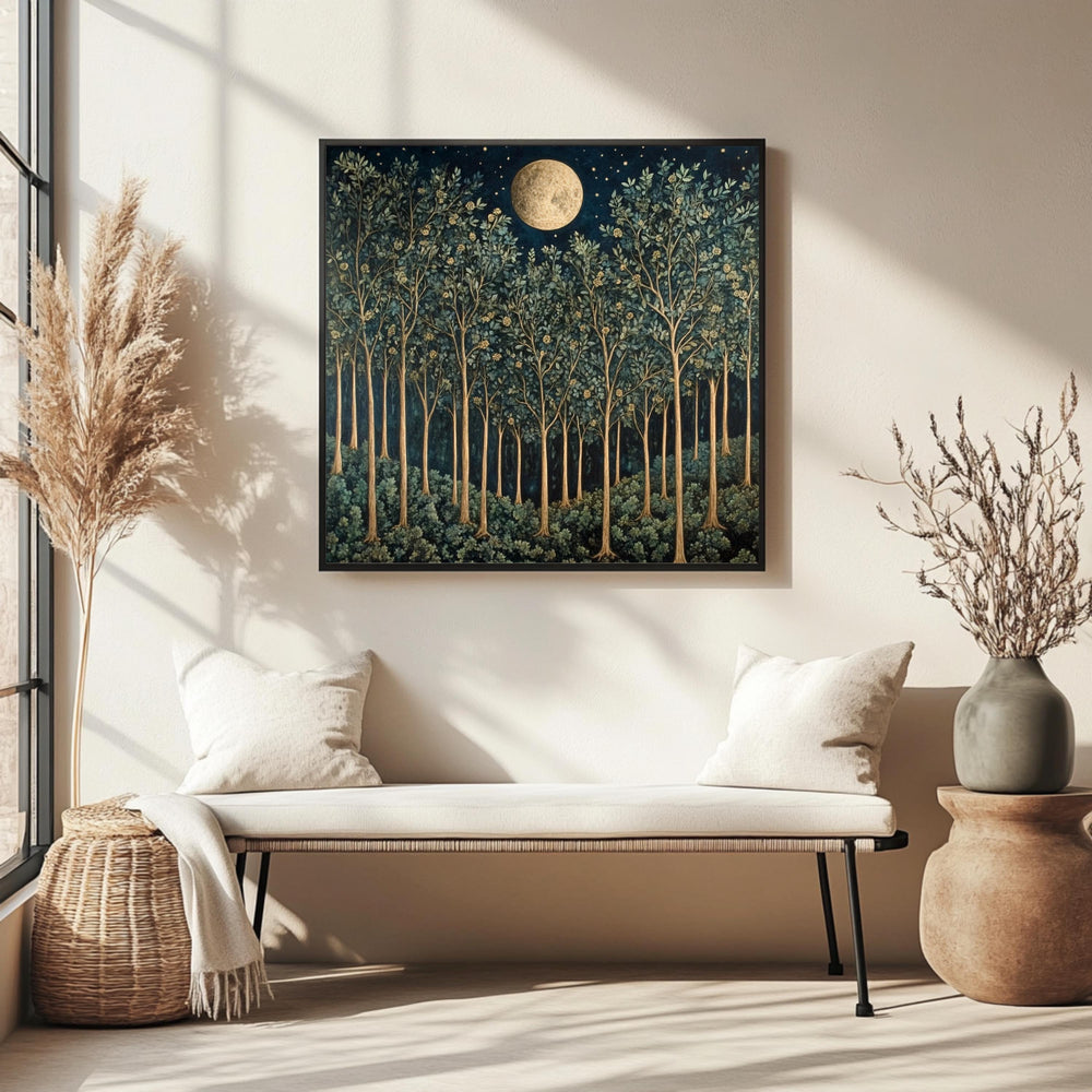 William Morris Vintage Forest Wall Art, Nature-Inspired Art, Woodland Wall Art, Full Moon Wall Art, Moon over Forest Painting