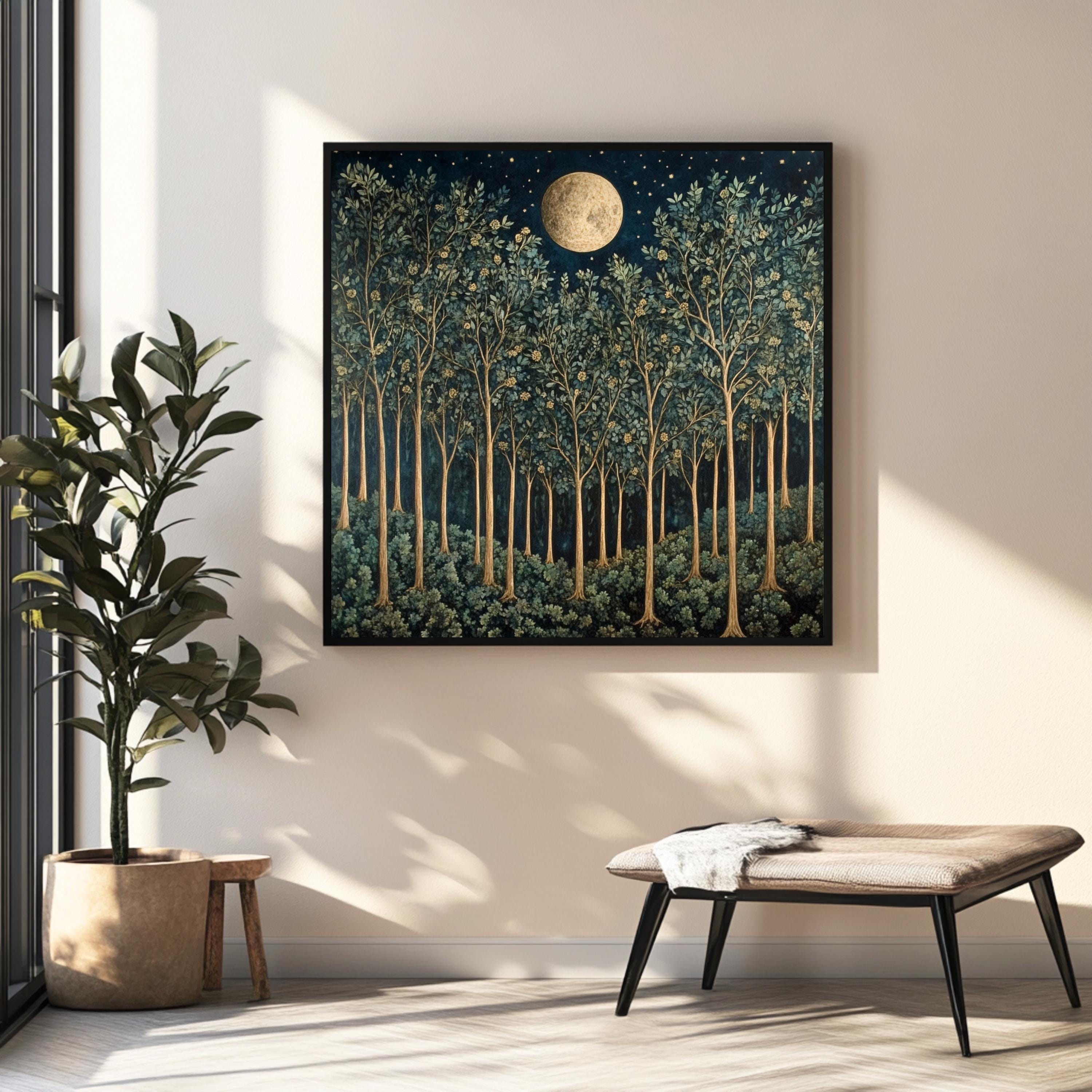 William Morris Vintage Forest Wall Art, Nature-Inspired Art, Woodland Wall Art, Full Moon Wall Art, Moon over Forest Painting