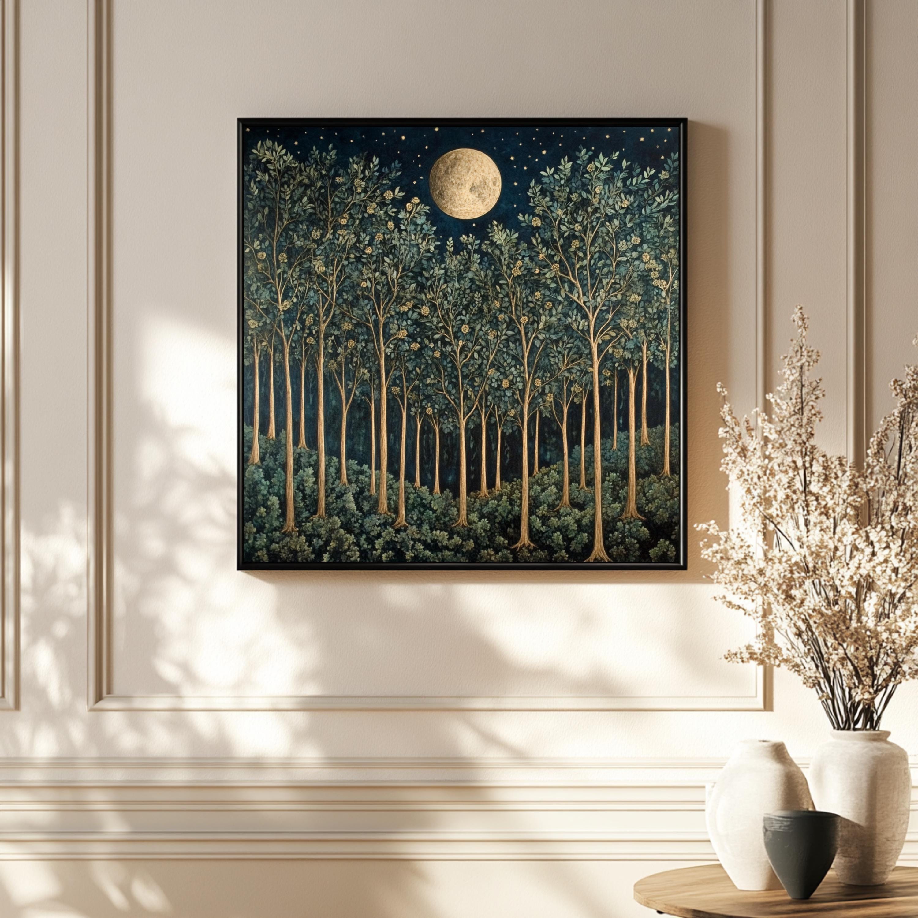 William Morris Vintage Forest Wall Art, Nature-Inspired Art, Woodland Wall Art, Full Moon Wall Art, Moon over Forest Painting