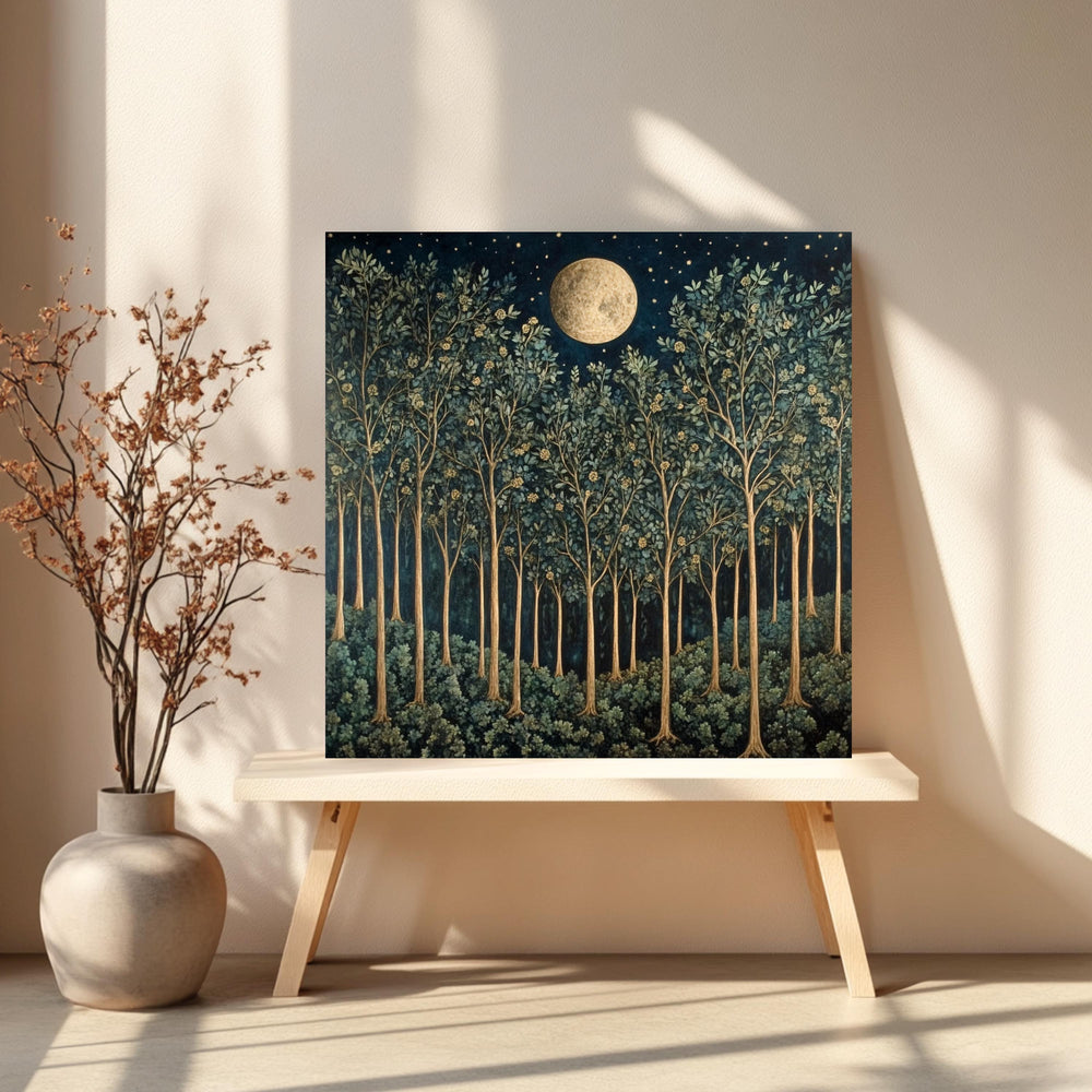 William Morris Vintage Forest Wall Art, Nature-Inspired Art, Woodland Wall Art, Full Moon Wall Art, Moon over Forest Painting
