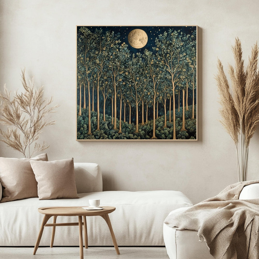 William Morris Vintage Forest Wall Art, Nature-Inspired Art, Woodland Wall Art, Full Moon Wall Art, Moon over Forest Painting