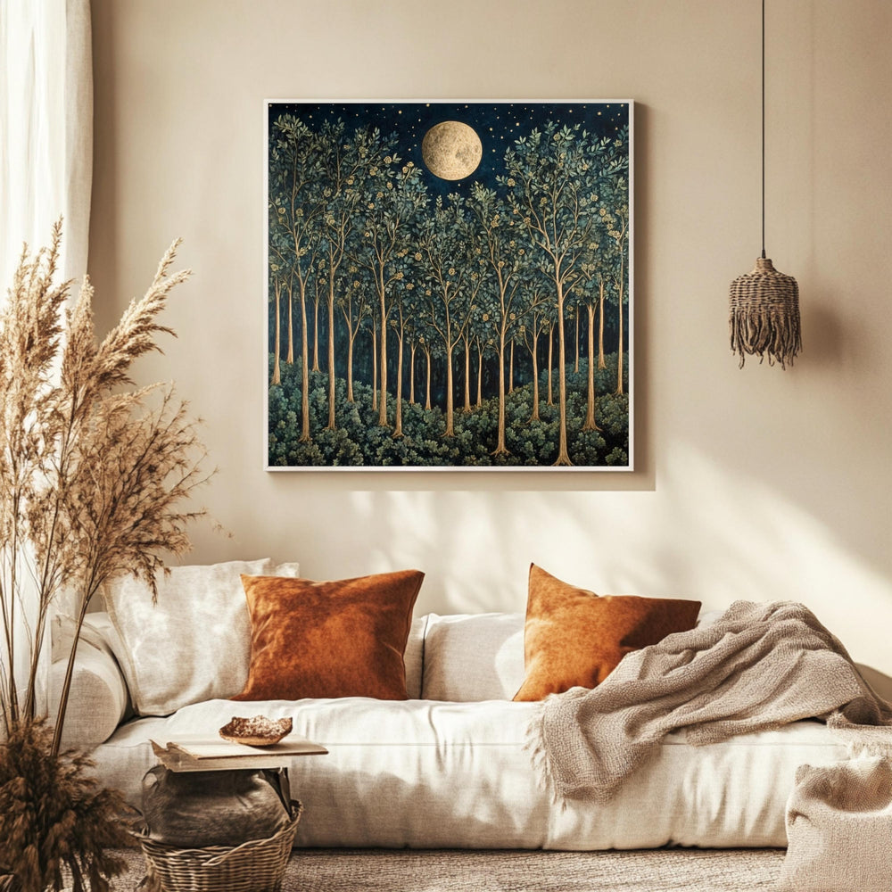 William Morris Vintage Forest Wall Art, Nature-Inspired Art, Woodland Wall Art, Full Moon Wall Art, Moon over Forest Painting