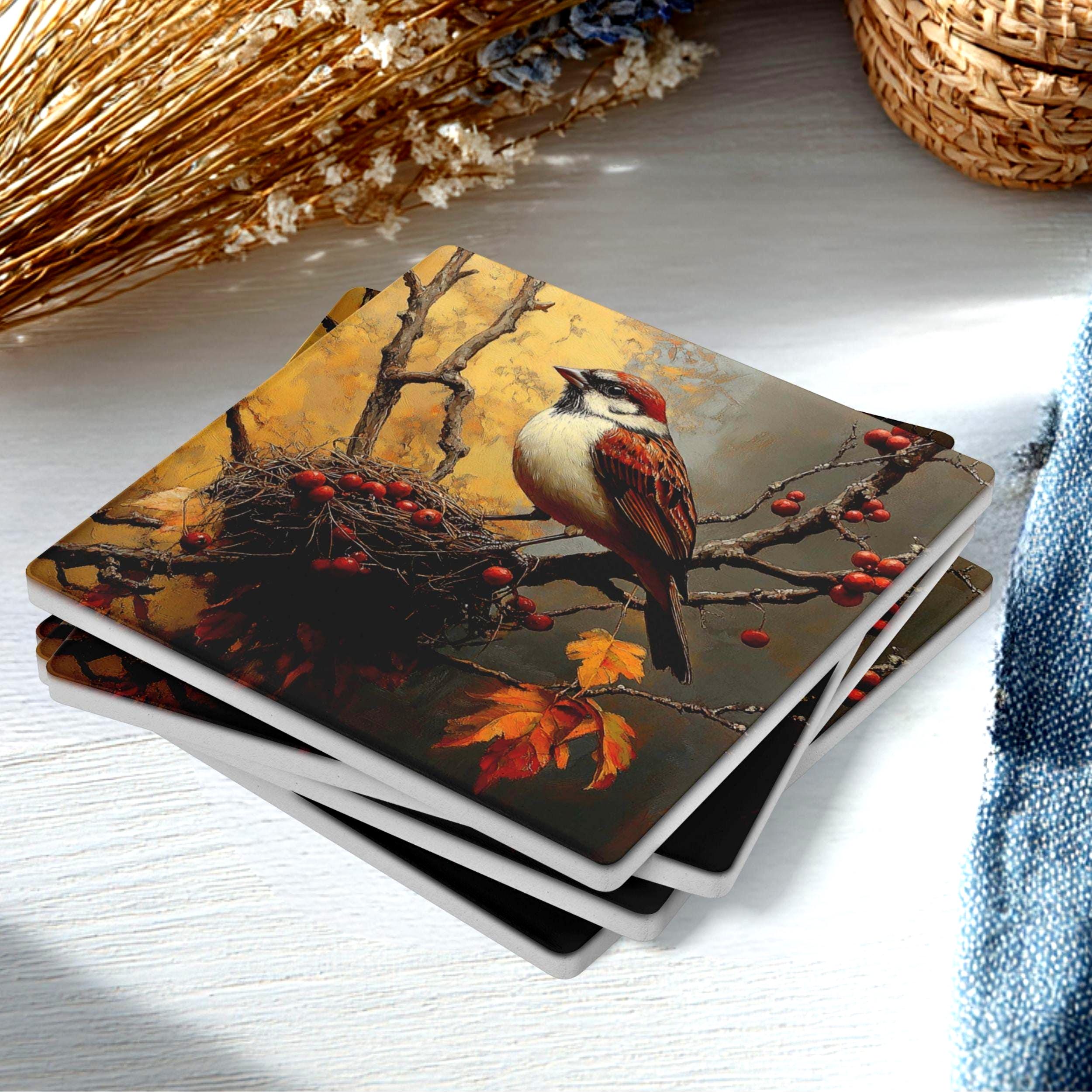 Autumn Sparrow Coaster Set of 4, Rustic Bird Nest Art Coasters, Fall Leaves Woodland Ceramic Drink Coaster Set