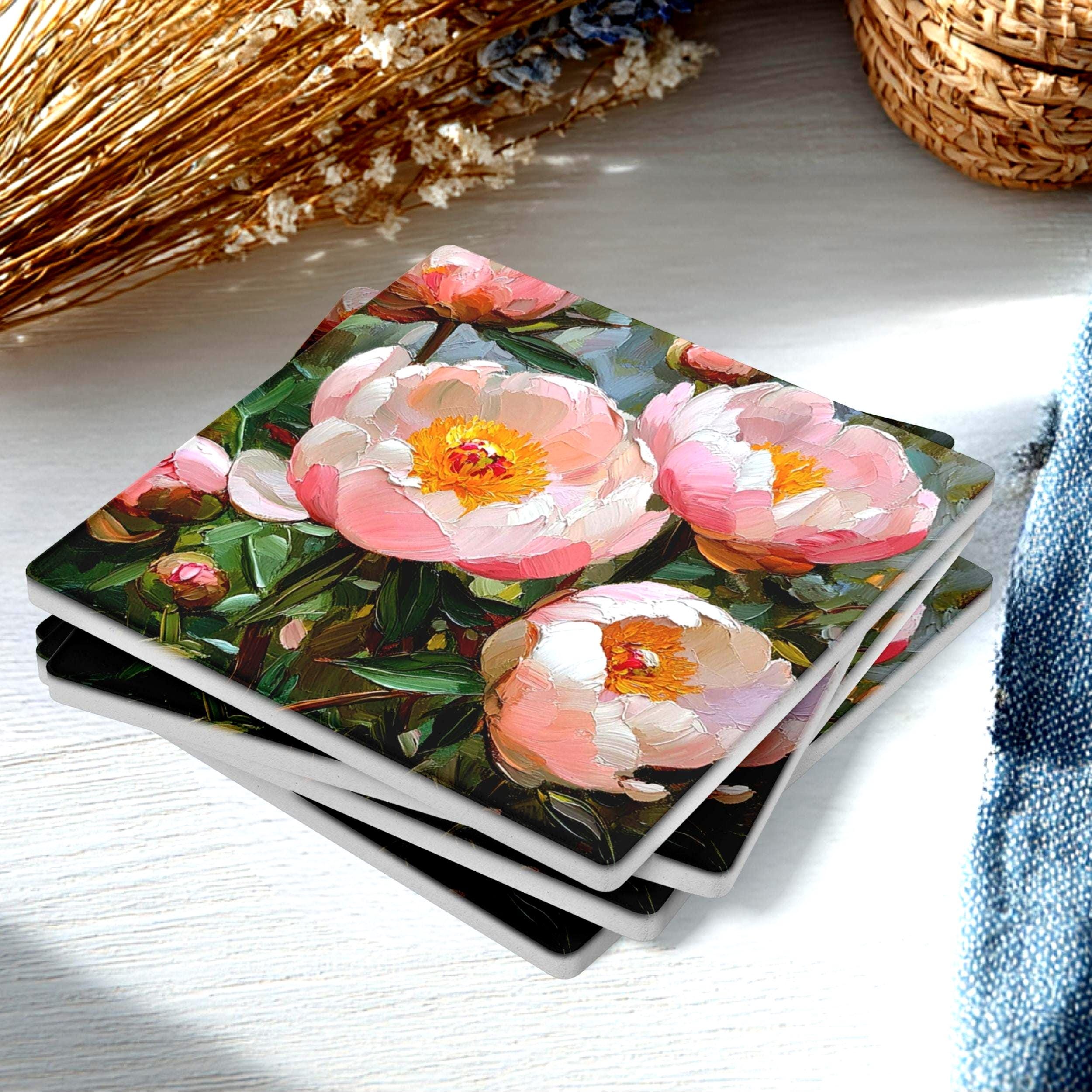 Pink Peony Coaster Set of 4, Romantic Floral Art Coasters, Garden Blossom Pastel Ceramic Drink Coaster Set
