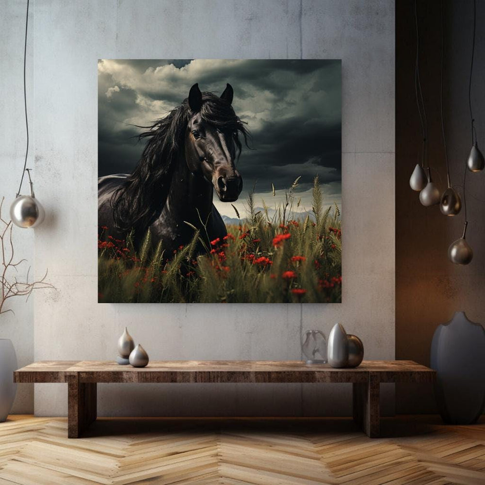 Black Stallion Wall Art, Black Horse Canvas, Horse Framed Wall Art, Ready to Hang Gift for Horse Lover, Nature-Inspired Framed Canvas