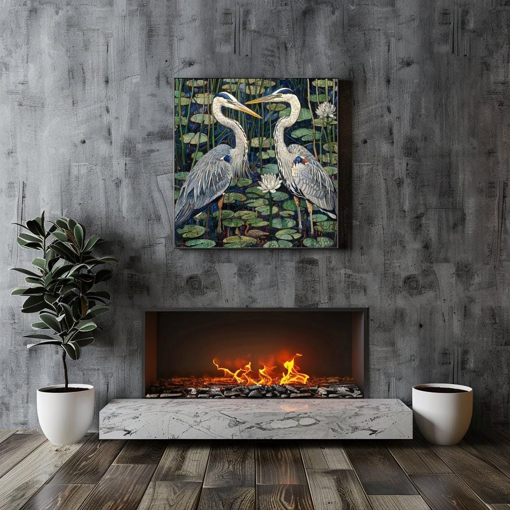 Herons Canvas Wall Art, William Morris Style Canvas Art, Vintage Home Decor, Ready to Hang Framed Artwork, Bird Animal Wall Room Decor