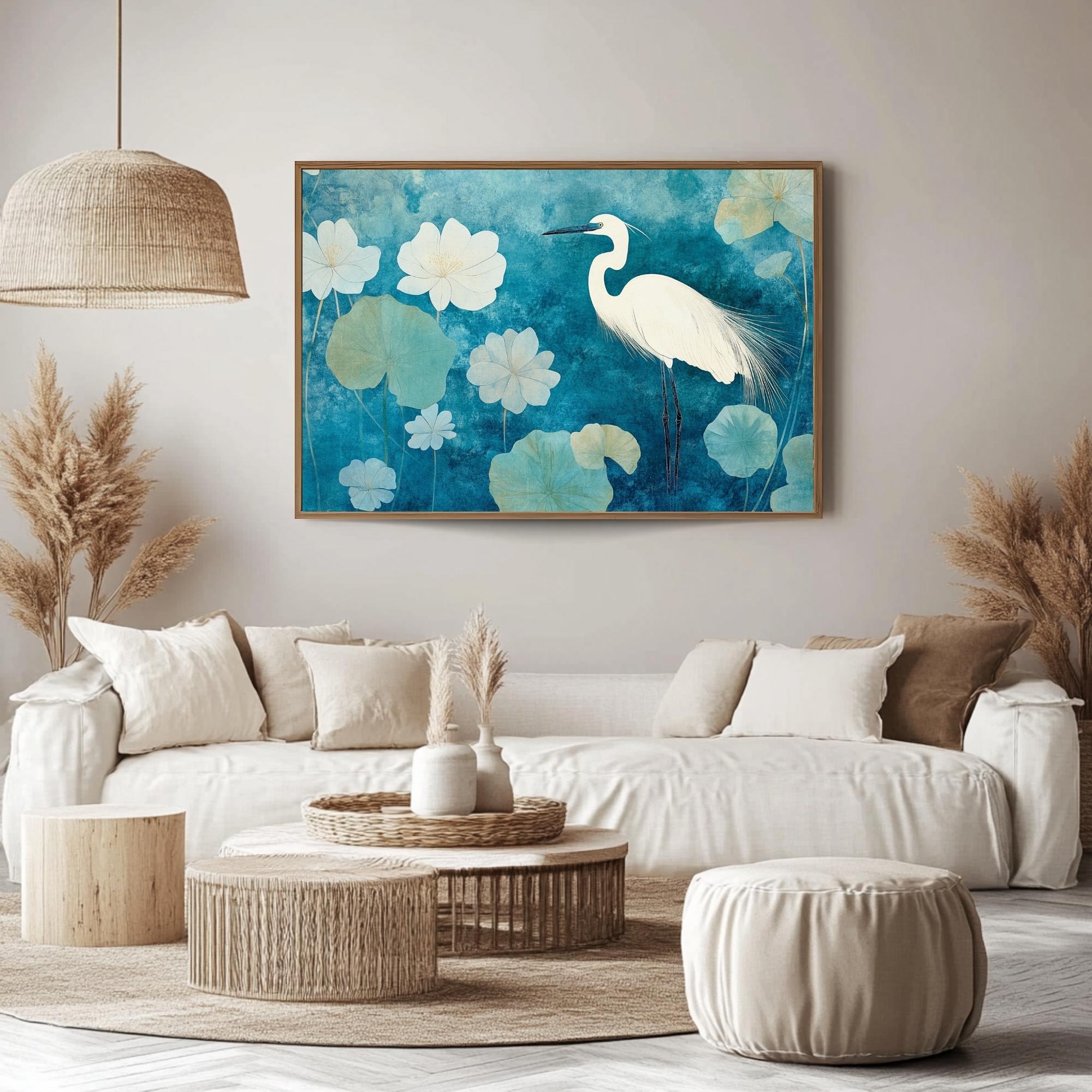 May include: A framed artwork featuring a white egret standing amidst white flowers and green lily pads against a teal background. The artwork is displayed above a white sofa with beige pillows. A woven pendant light hangs above a round, woven coffee table. The room has a neutral color palette.