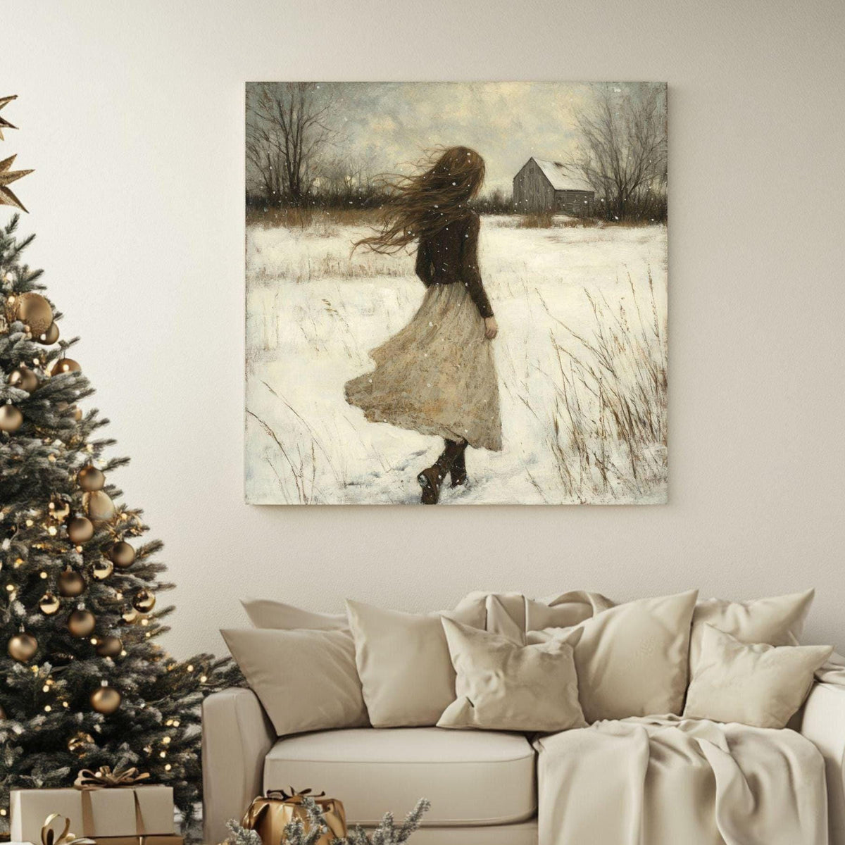 Vintage Winter Girl Canvas Wall Art, Classic Christmas Wall Print, Victorian Portrait Painting, Cozy Winter Home Decor, Framed Wall Art