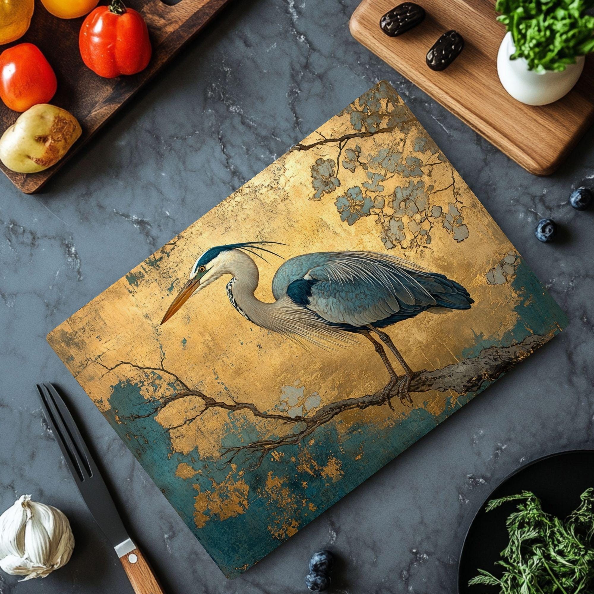 Golden Heron Glass Cutting Board, Blue Bird Metallic Style Kitchen Glass Counter Art, Elegant Nature Decor Tempered Glass Board Home Gift