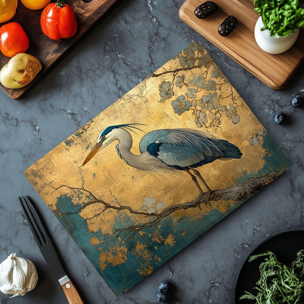 Golden Heron Glass Cutting Board, Blue Bird Metallic Style Kitchen Glass Counter Art, Elegant Nature Decor Tempered Glass Board Home Gift