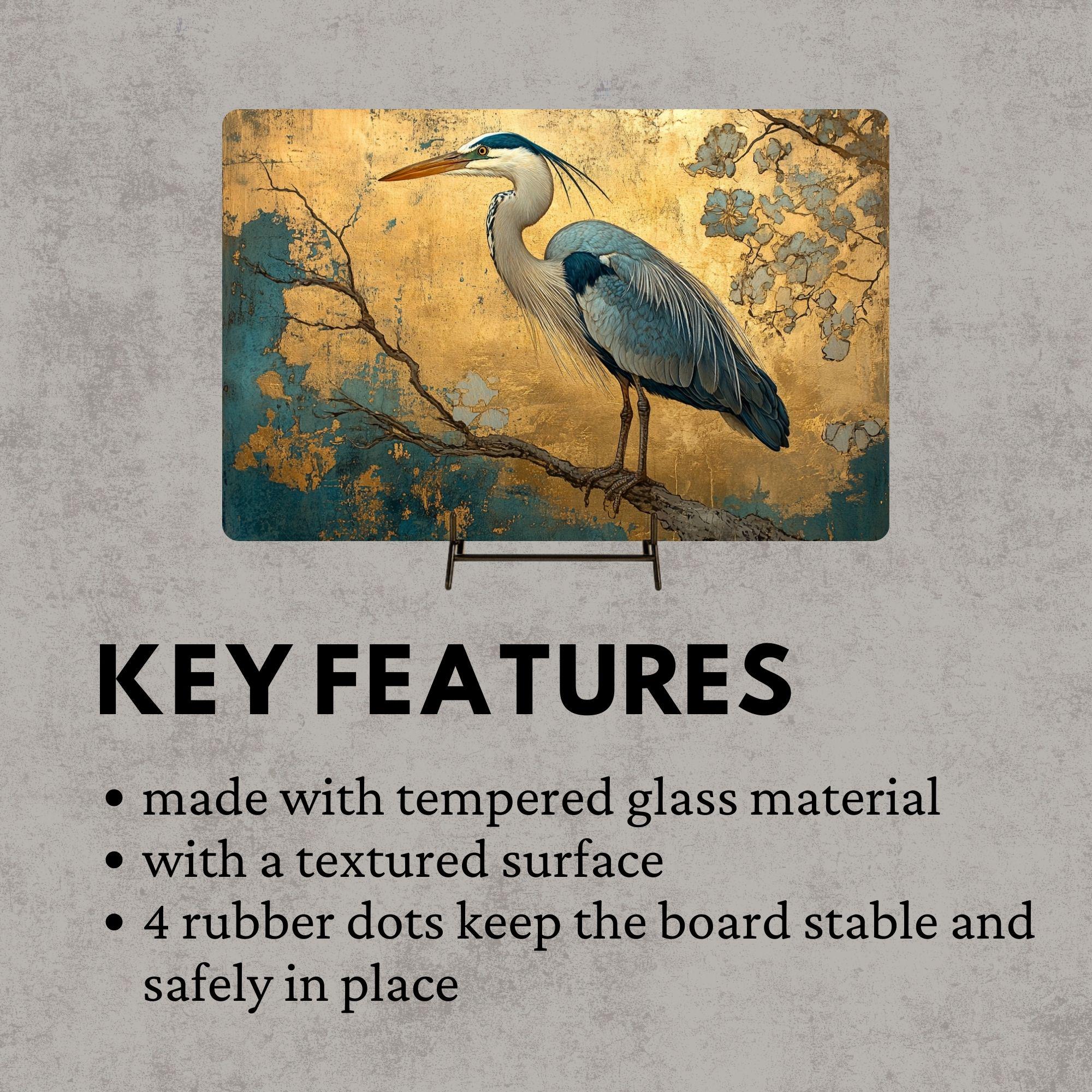Golden Heron Glass Cutting Board, Blue Bird Metallic Style Kitchen Glass Counter Art, Elegant Nature Decor Tempered Glass Board Home Gift