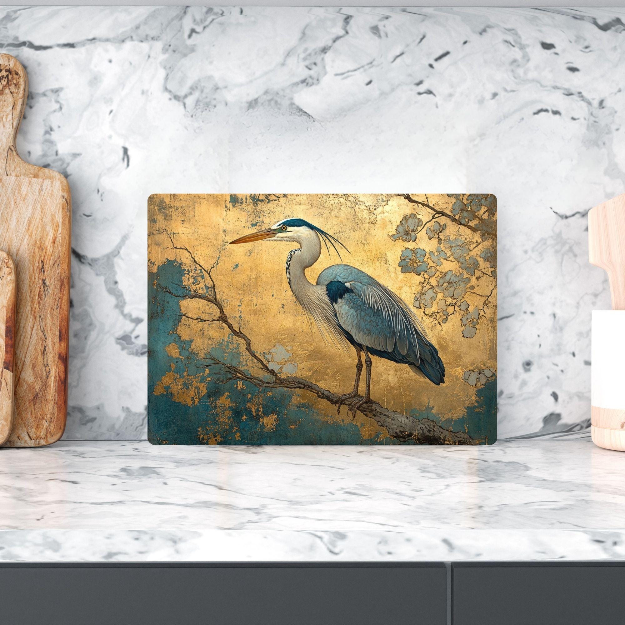 Golden Heron Glass Cutting Board, Blue Bird Metallic Style Kitchen Glass Counter Art, Elegant Nature Decor Tempered Glass Board Home Gift