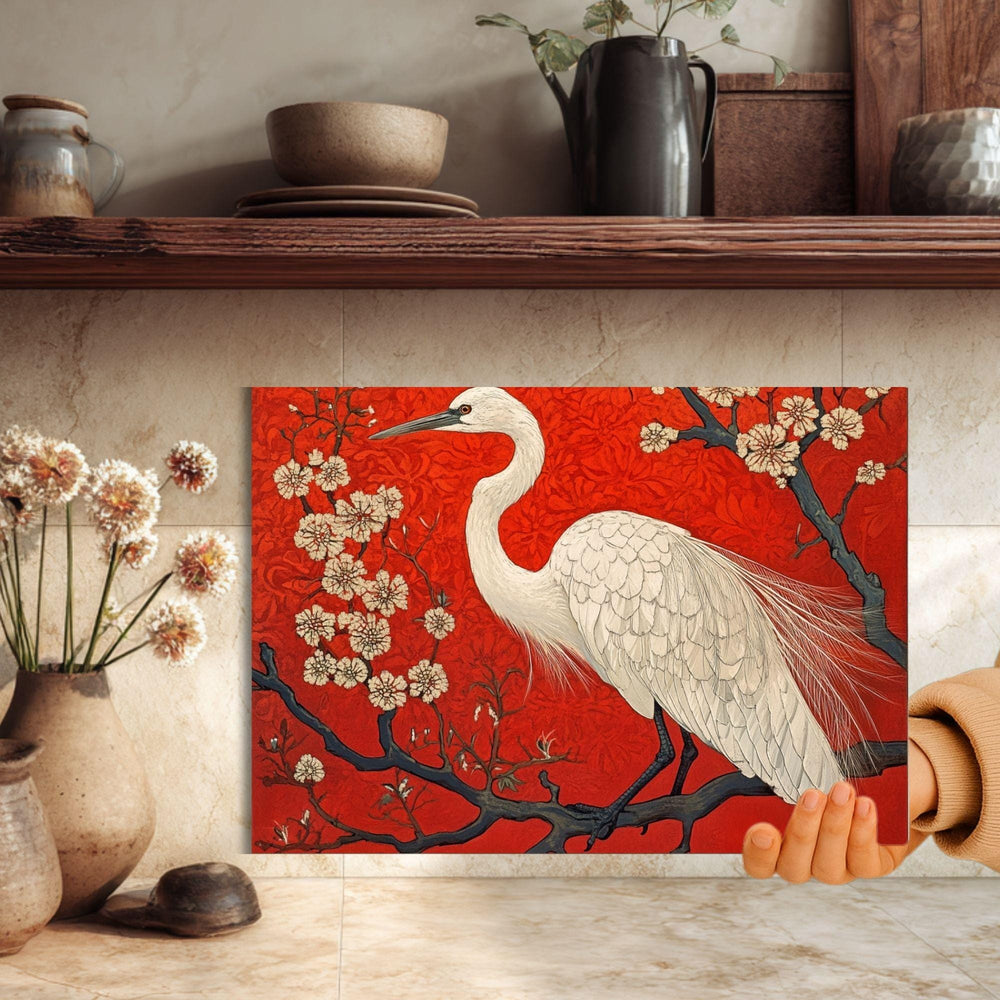 White Heron Glass Cutting Board, Red Floral Japanese Style Kitchen Glass Counter Art, Elegant Bird Tempered Glass Board Home Decor Gift