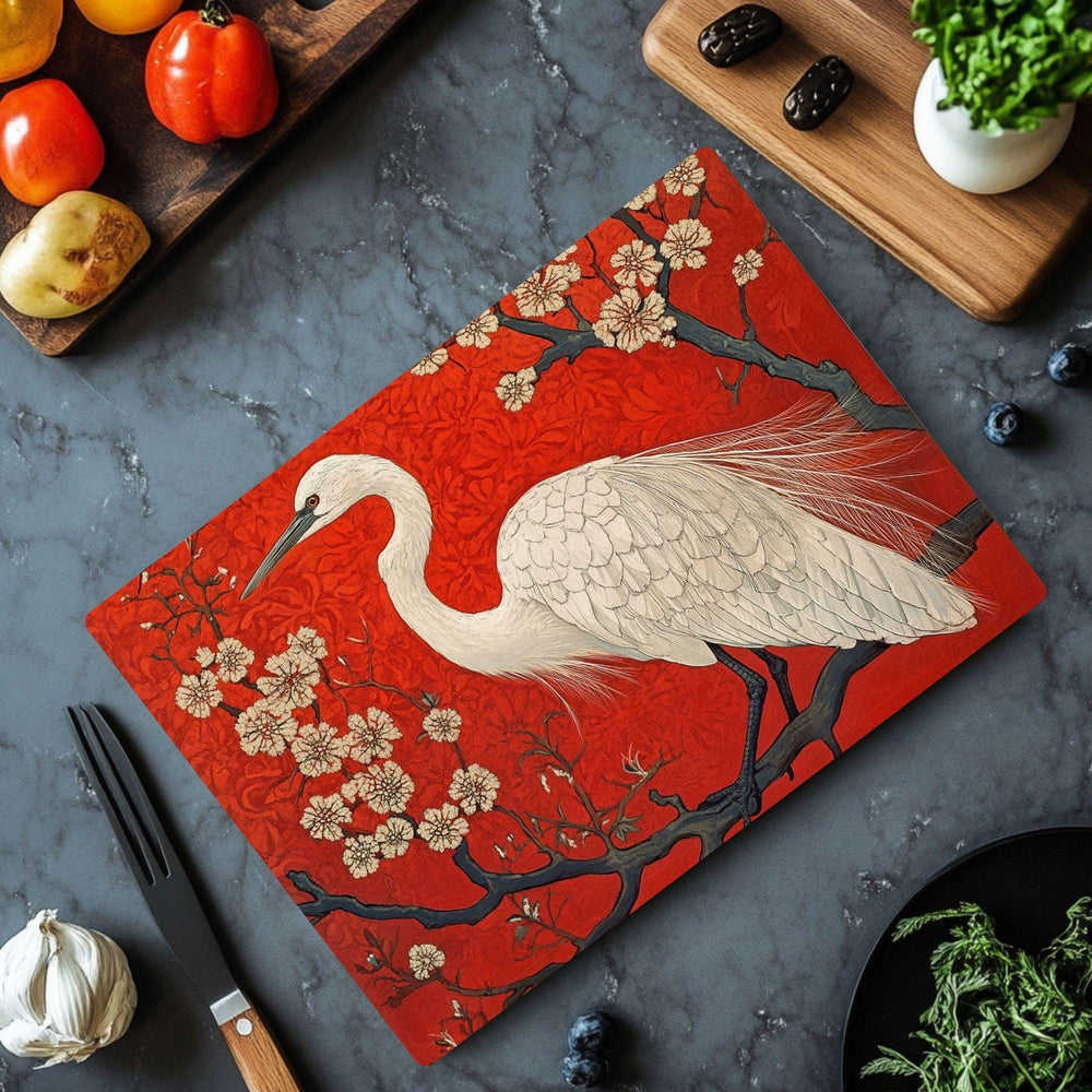 White Heron Glass Cutting Board, Red Floral Japanese Style Kitchen Glass Counter Art, Elegant Bird Tempered Glass Board Home Decor Gift