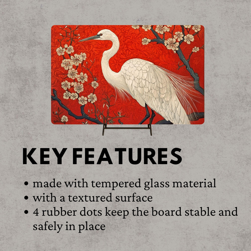 White Heron Glass Cutting Board, Red Floral Japanese Style Kitchen Glass Counter Art, Elegant Bird Tempered Glass Board Home Decor Gift