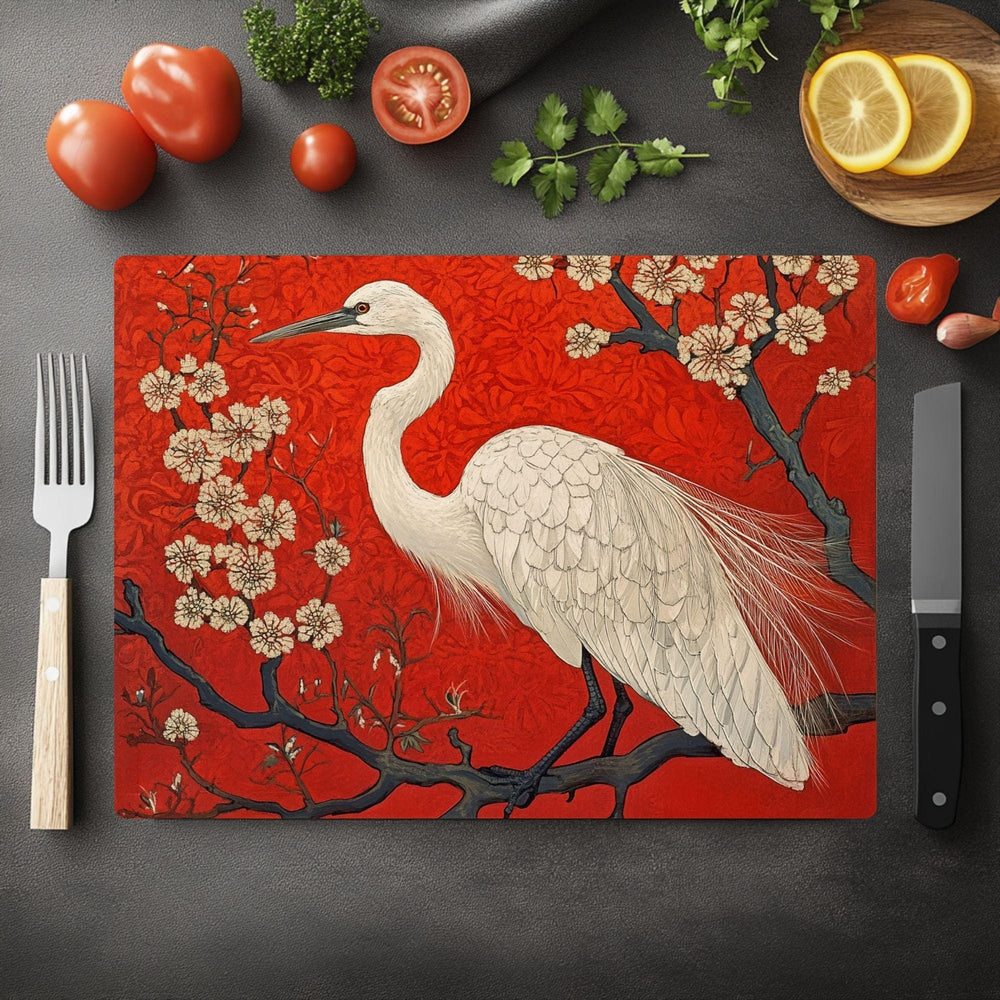 White Heron Glass Cutting Board, Red Floral Japanese Style Kitchen Glass Counter Art, Elegant Bird Tempered Glass Board Home Decor Gift