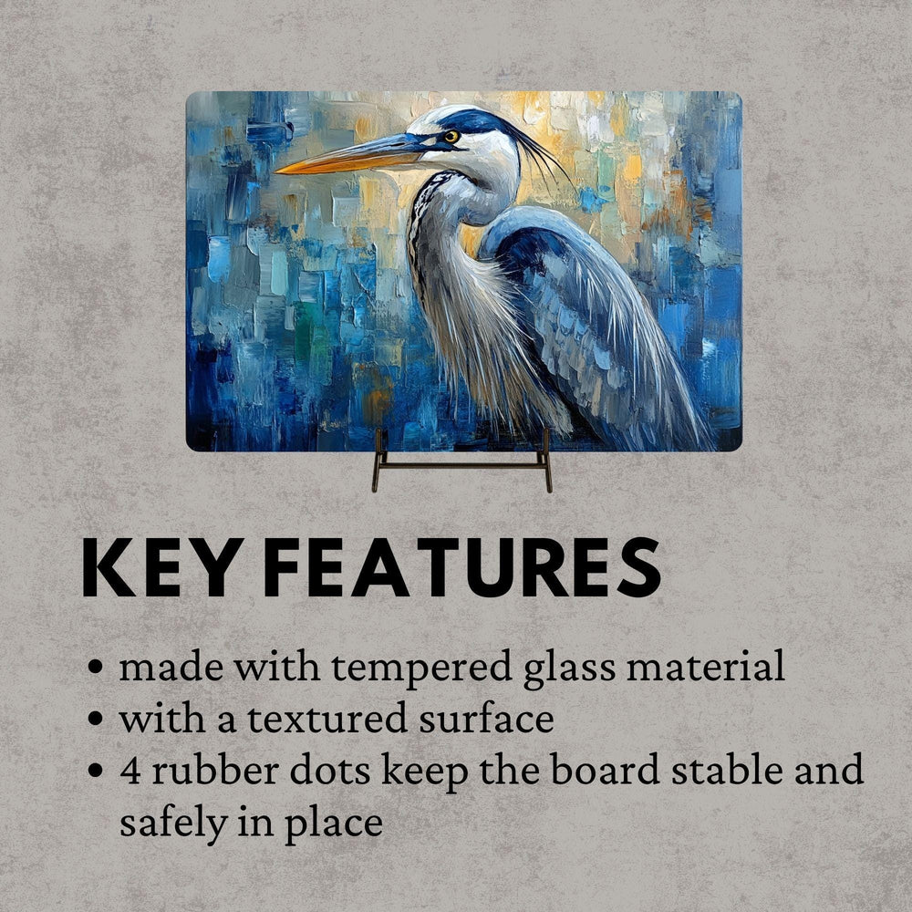 Blue Heron Abstract Glass Cutting Board, Coastal Bird Kitchen Glass Counter Art, Modern Nature Tempered Glass Board Coastal Gift