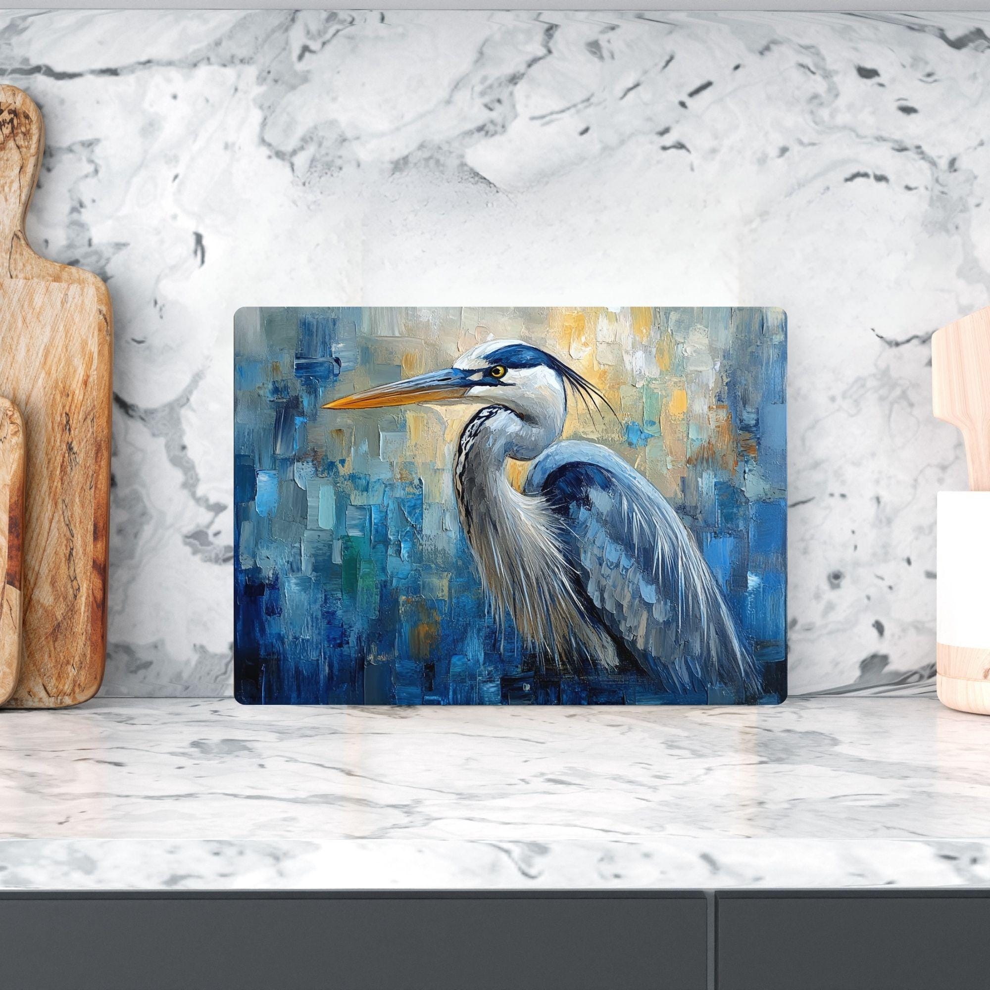 Blue Heron Abstract Glass Cutting Board, Coastal Bird Kitchen Glass Counter Art, Modern Nature Tempered Glass Board Coastal Gift