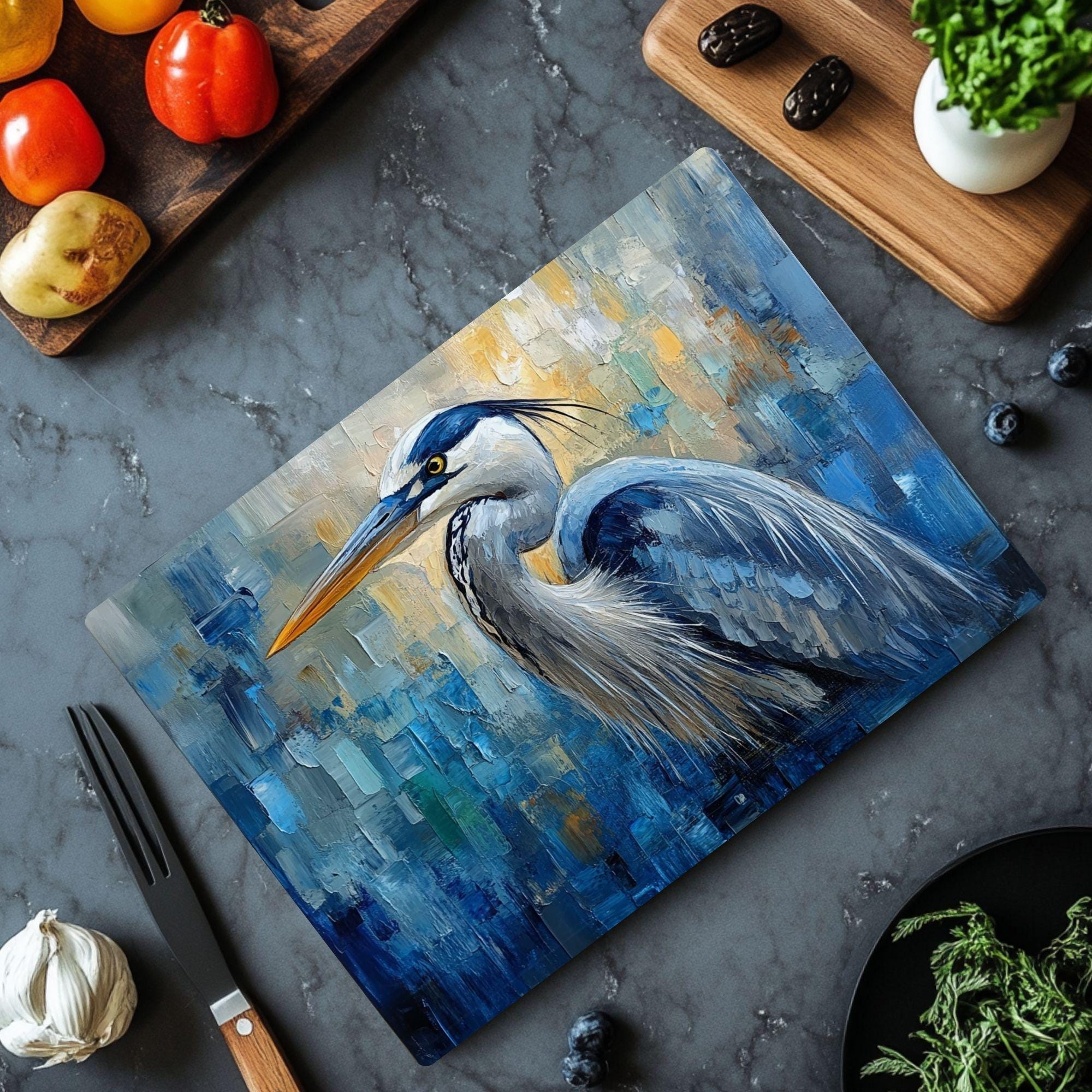Blue Heron Abstract Glass Cutting Board, Coastal Bird Kitchen Glass Counter Art, Modern Nature Tempered Glass Board Coastal Gift