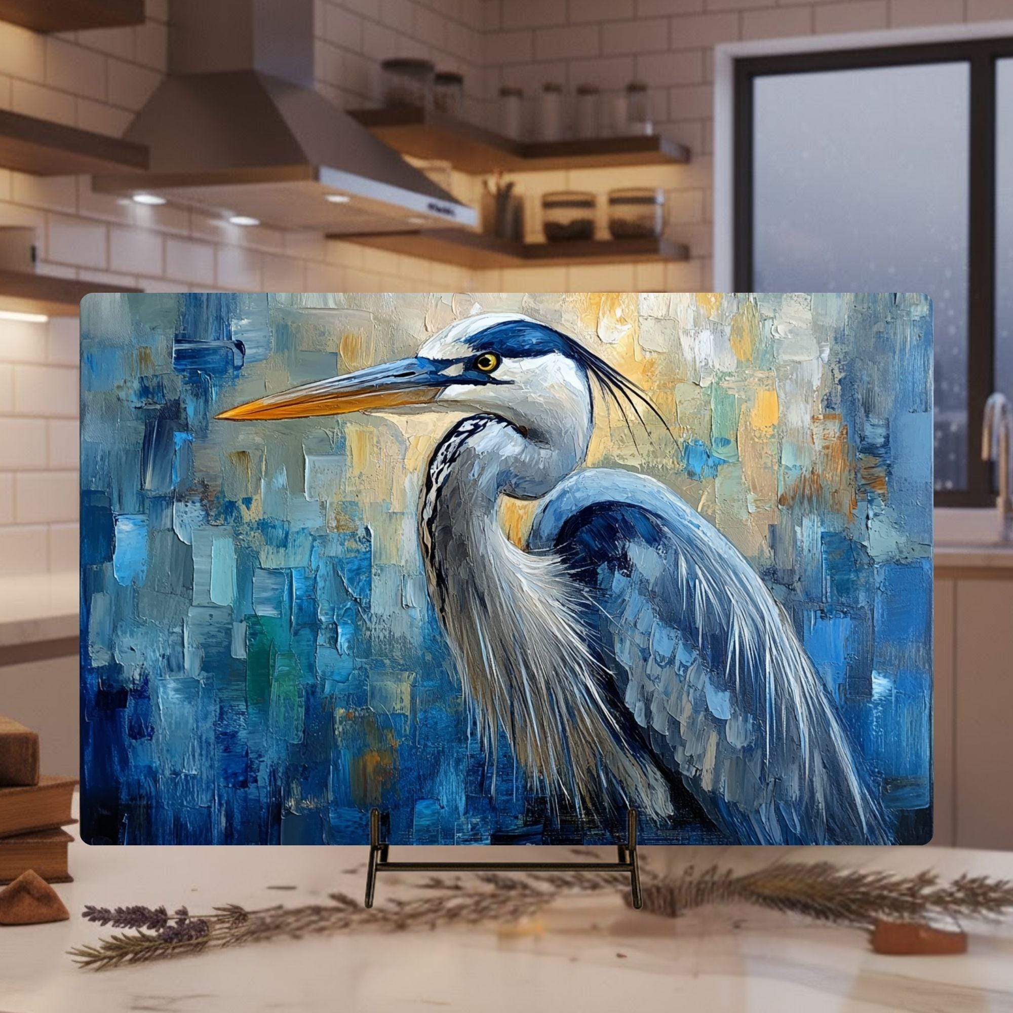 Blue Heron Abstract Glass Cutting Board, Coastal Bird Kitchen Glass Counter Art, Modern Nature Tempered Glass Board Coastal Gift