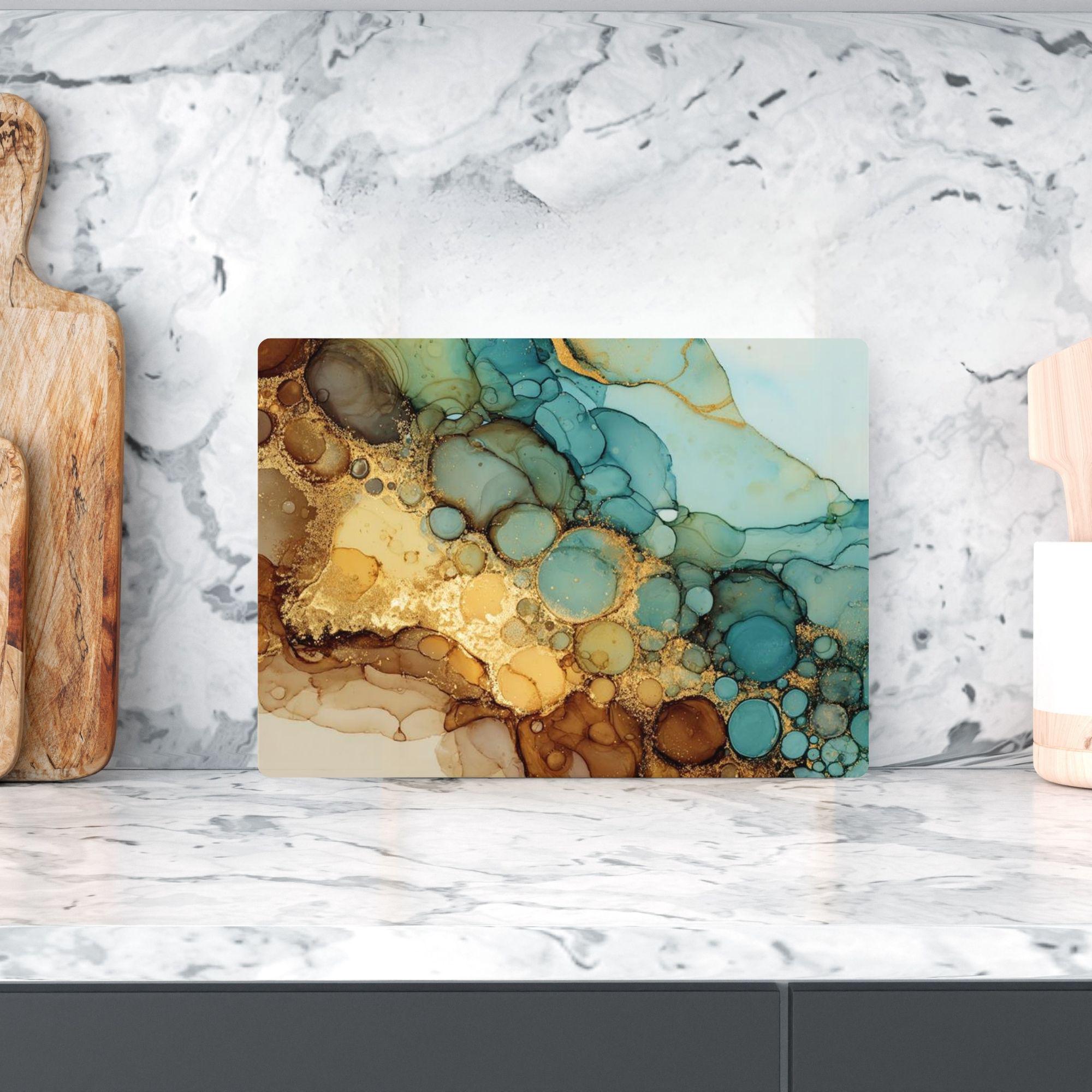 Teal Gold Glass Cutting Board, Alcohol Ink Swirl Kitchen Glass Counter Art, Modern Abstract Tempered Glass Board Colorful Home Gift