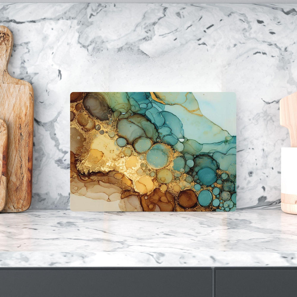 Teal Gold Glass Cutting Board, Alcohol Ink Swirl Kitchen Glass Counter Art, Modern Abstract Tempered Glass Board Colorful Home Gift