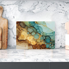 Teal Gold Glass Cutting Board, Alcohol Ink Swirl Kitchen Glass Counter Art, Modern Abstract Tempered Glass Board Colorful Home Gift
