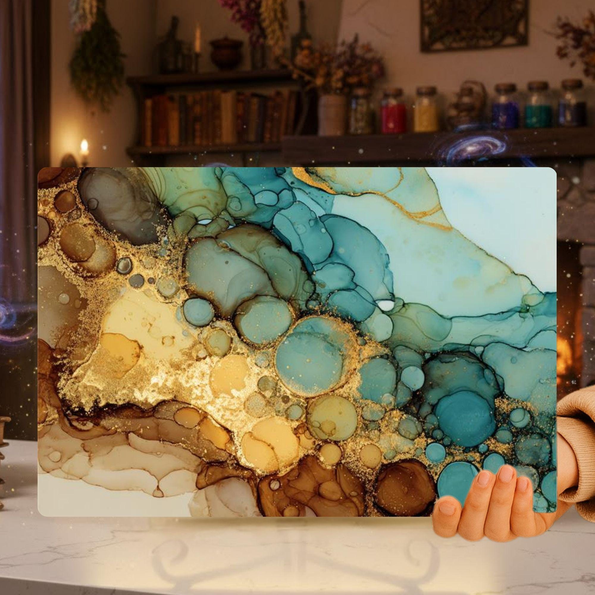 Teal Gold Glass Cutting Board, Alcohol Ink Swirl Kitchen Glass Counter Art, Modern Abstract Tempered Glass Board Colorful Home Gift