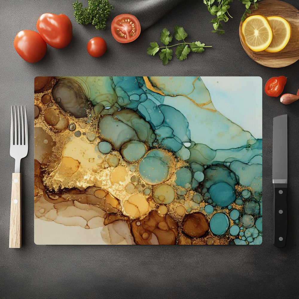 Teal Gold Glass Cutting Board, Alcohol Ink Swirl Kitchen Glass Counter Art, Modern Abstract Tempered Glass Board Colorful Home Gift