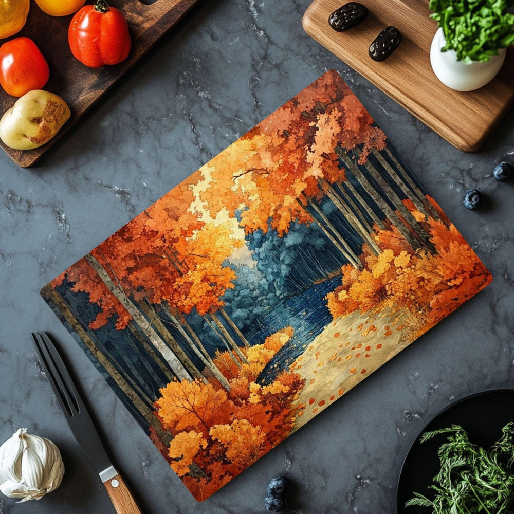 Autumn Forest Path Glass Cutting Board, Cozy Woodland Kitchen Counter Art, Fall Leaves Scenic Glass Board, Rustic Nature Home Accent