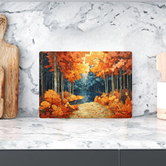 Autumn Forest Path Glass Cutting Board, Cozy Woodland Kitchen Counter Art, Fall Leaves Scenic Glass Board, Rustic Nature Home Accent