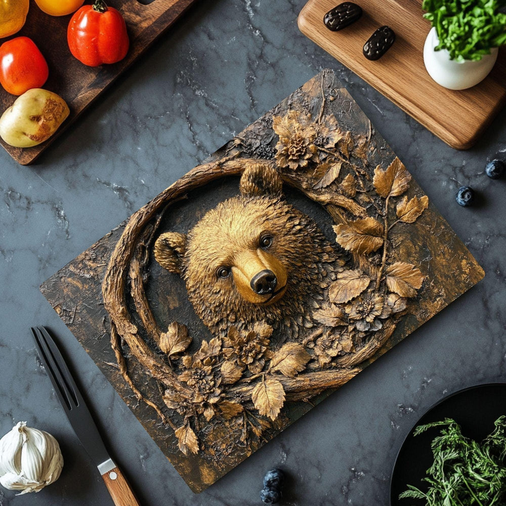 Golden Bear Glass Cutting Board, Rustic Woodland Animal Counter Art, Textured Forest Kitchen Decor, Nature Inspired Serving Board