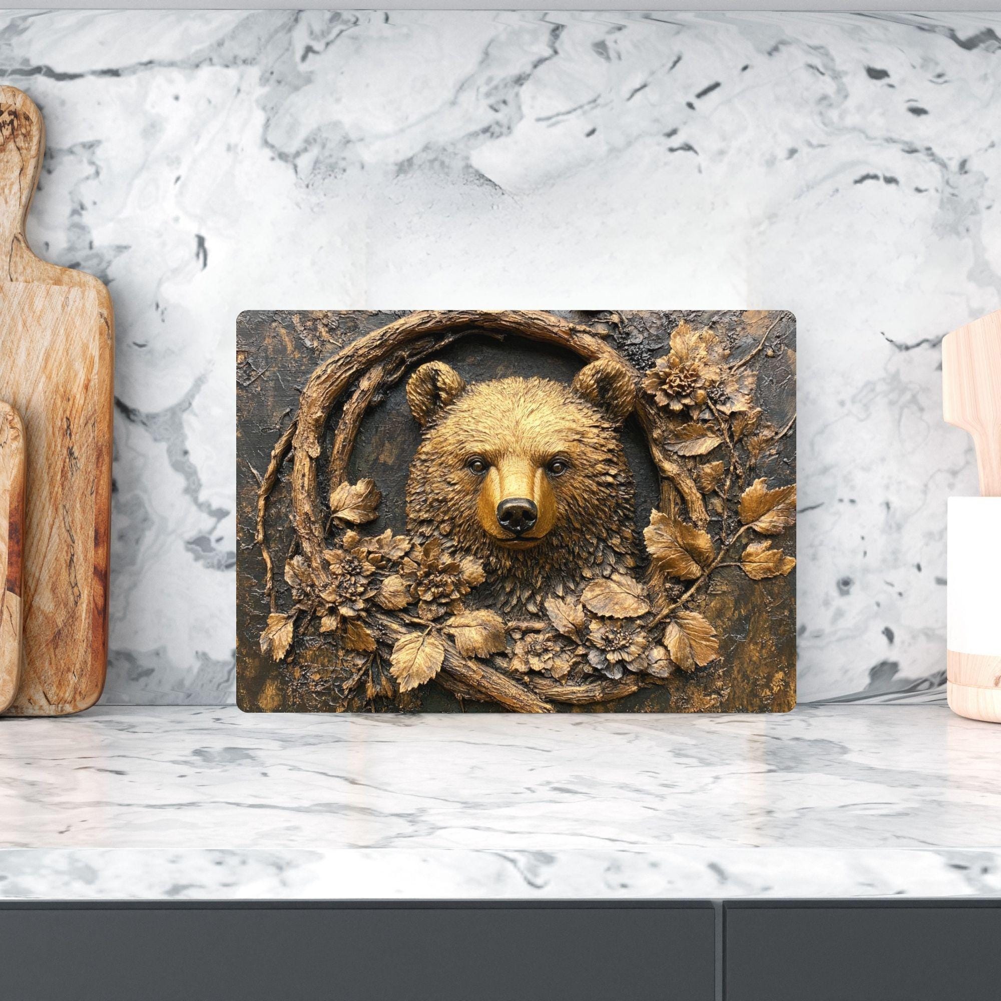 Golden Bear Glass Cutting Board, Rustic Woodland Animal Counter Art, Textured Forest Kitchen Decor, Nature Inspired Serving Board