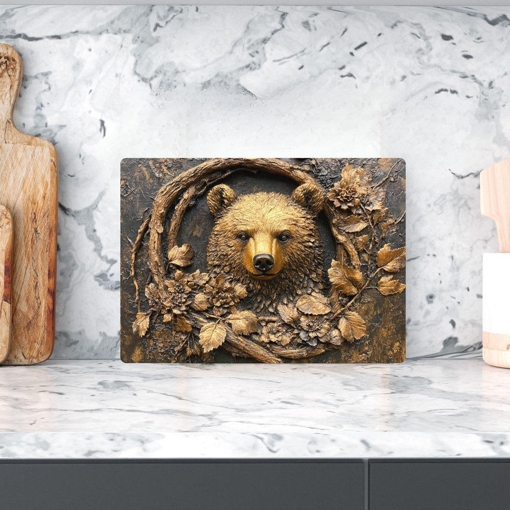 Golden Bear Glass Cutting Board, Rustic Woodland Animal Counter Art, Textured Forest Kitchen Decor, Nature Inspired Serving Board