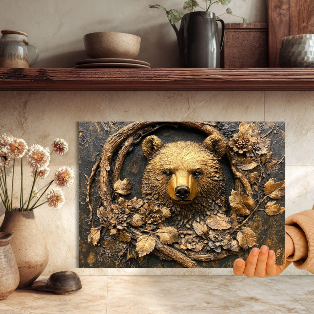 Golden Bear Glass Cutting Board, Rustic Woodland Animal Counter Art, Textured Forest Kitchen Decor, Nature Inspired Serving Board