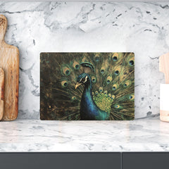 Emerald Peacock Glass Cutting Board, Elegant Bird Kitchen Counter Art, Jewel Tone Feathers Decor, Luxury Glass Serving and Prep Board