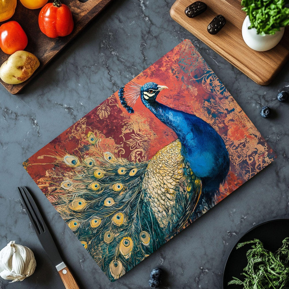 Vibrant Peacock Glass Cutting Board, Kitchen Counter Art, Colorful Design Glass Board, Artistic Serving Tray